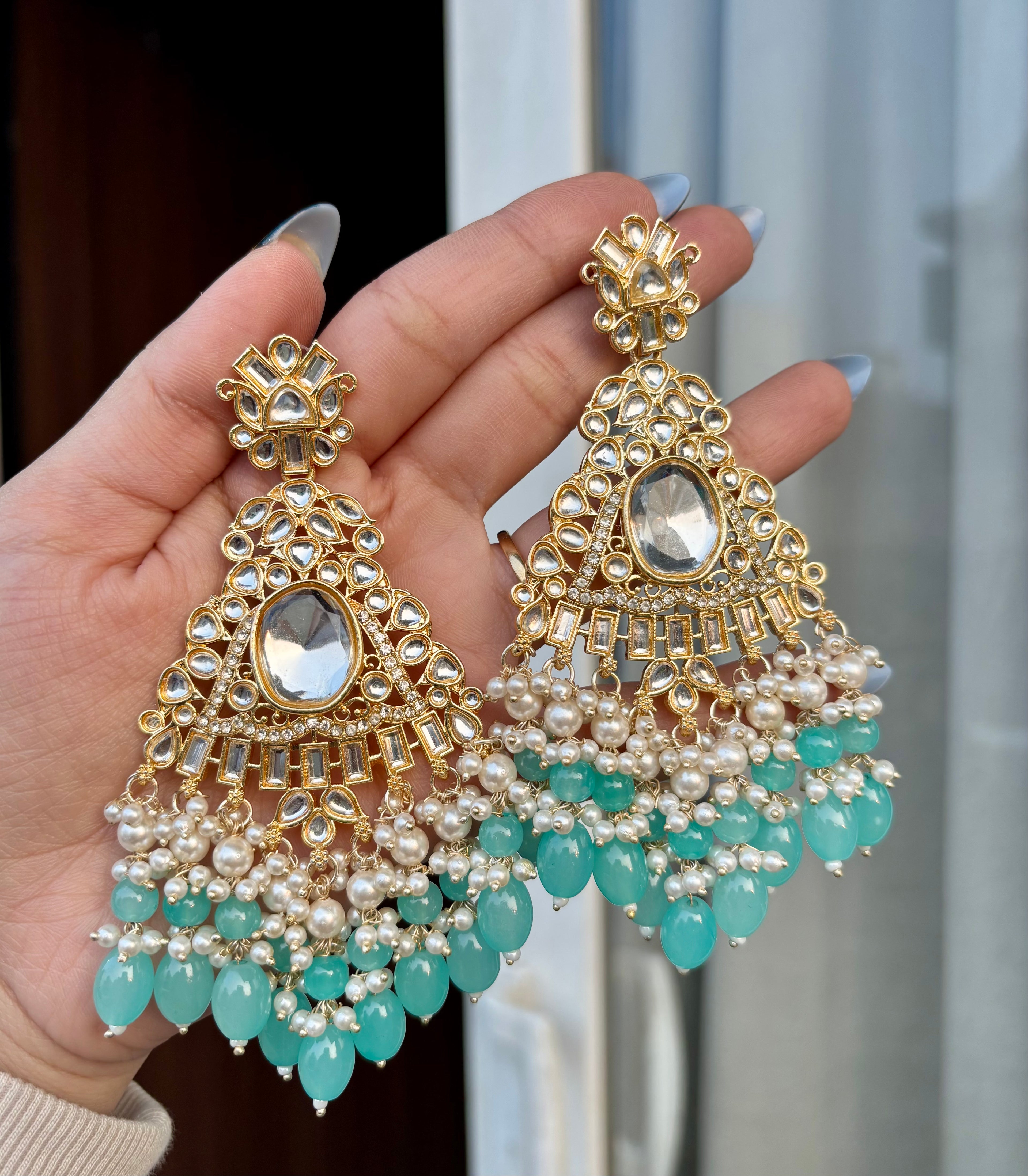 Kundan Long Designer Turquoise Earrings