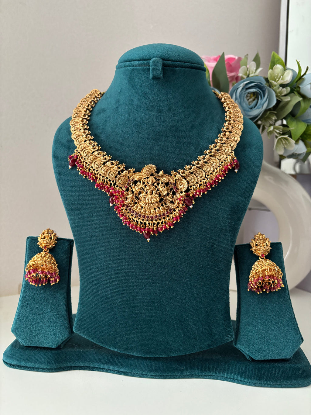 Gold Look Like Laxmi Necklace With Jhumkas