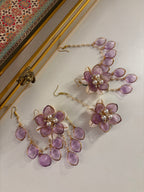 Rose Petal & Mogra Touch Necklace With Mang Tikka & Earrings With Side Layers (Lilac)