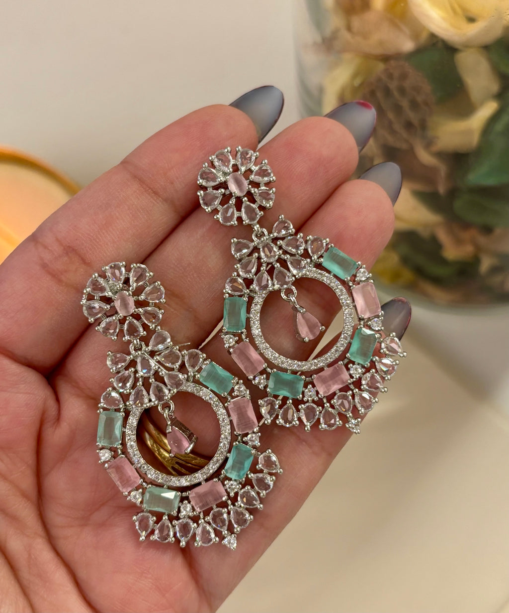 American Diamond Dazzling Earrings (Pink/Mint)