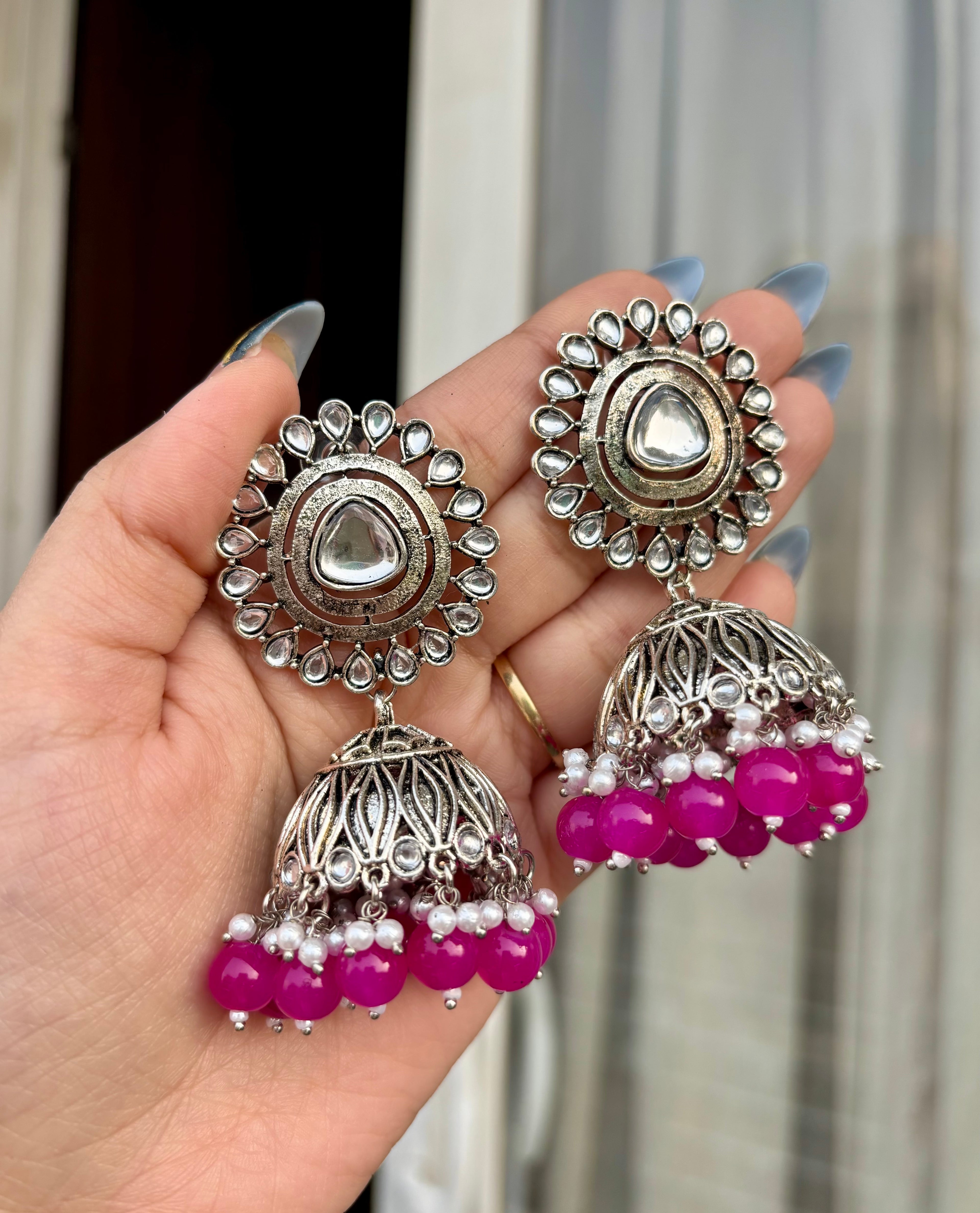 Dark Pink Flower Silver Jhumkas