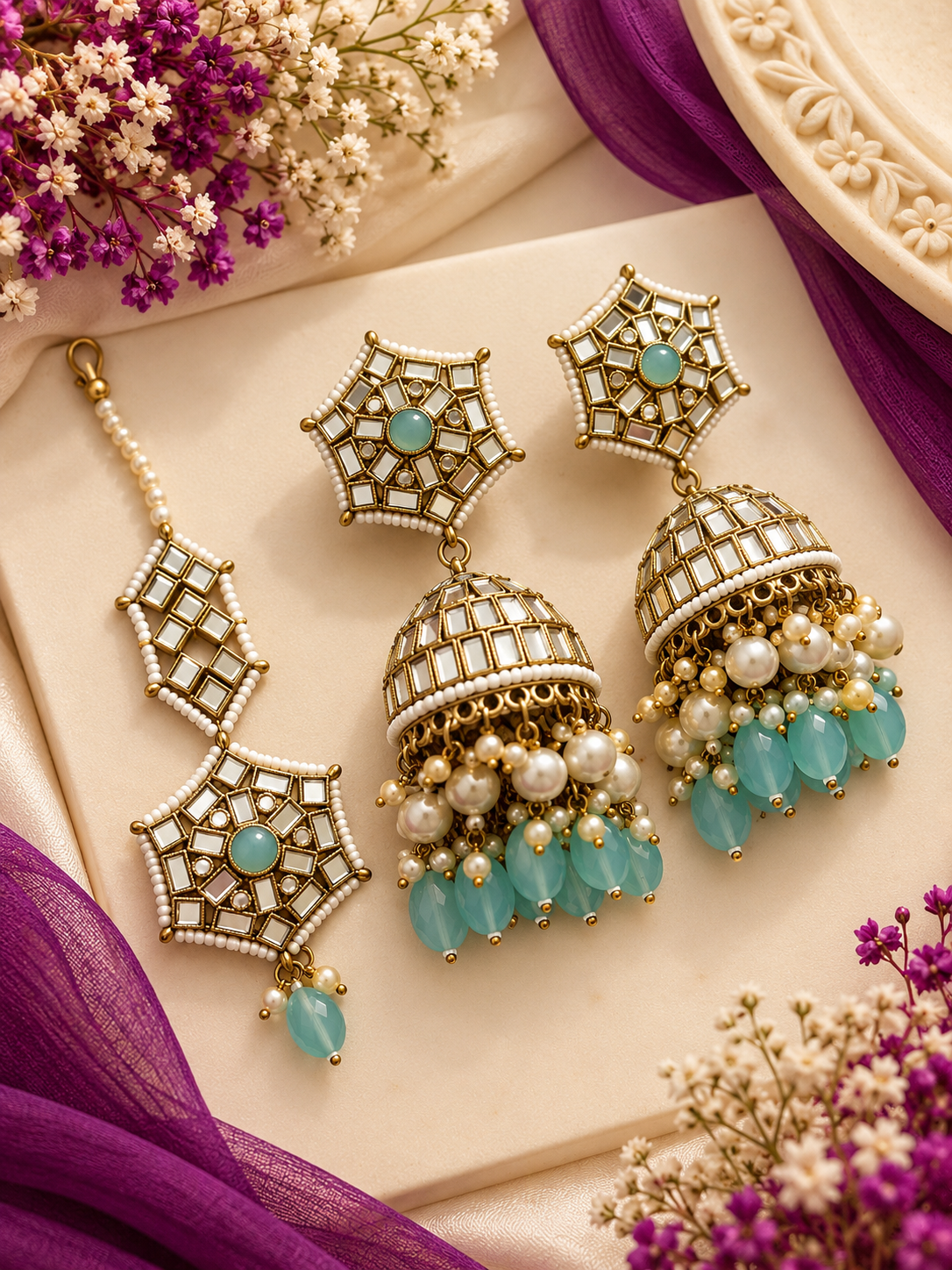 Yashika Full Mirror Work Mang Tikka With Jhumkas (Turquoise)