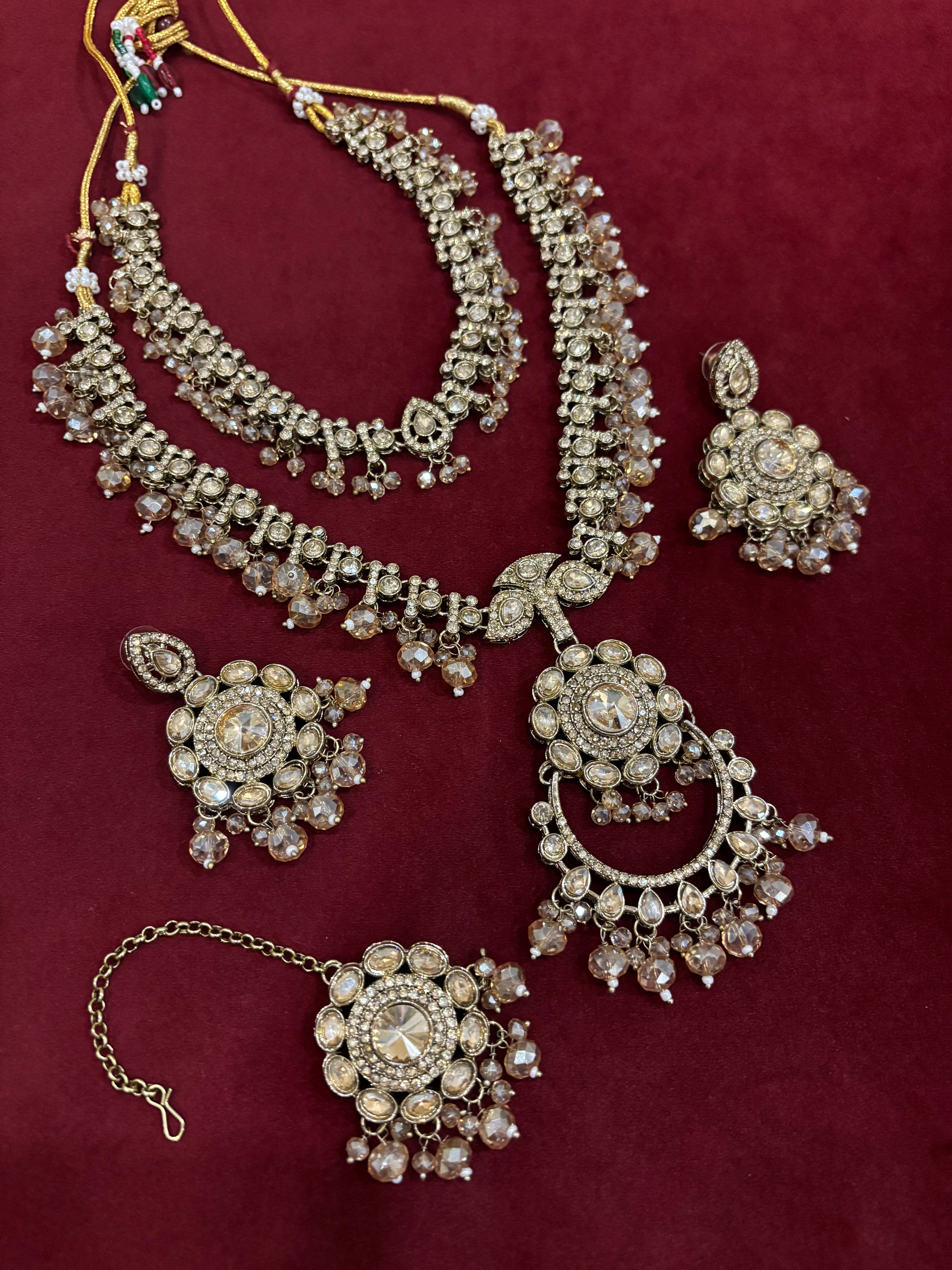 High Quality Designer Double Layer Statement Neckpiece With Mang Tikka & Earrings Full Champagne Color