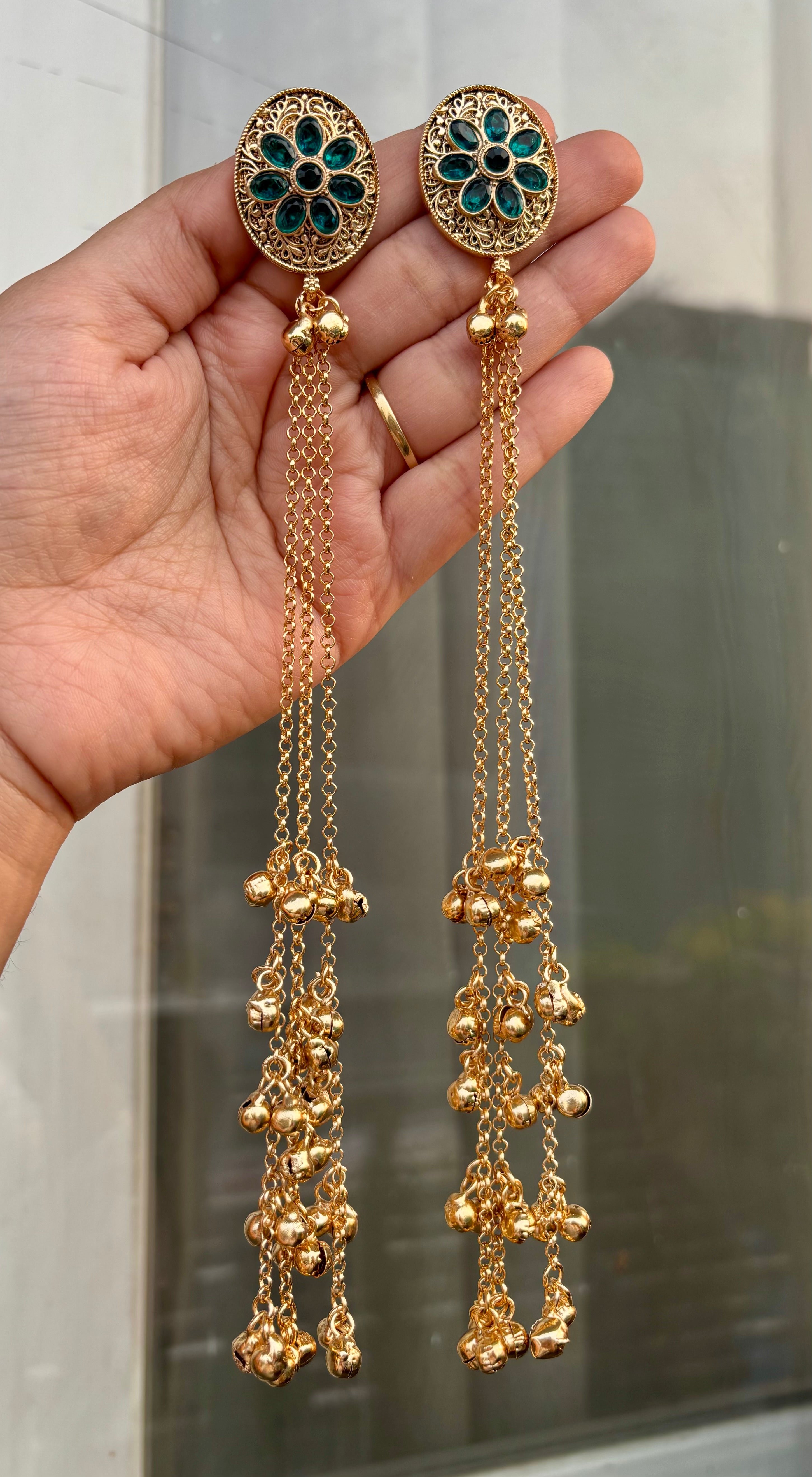 Peacock Blue Flower Stud Kashmiri Long Layer Ghungroo Earrings