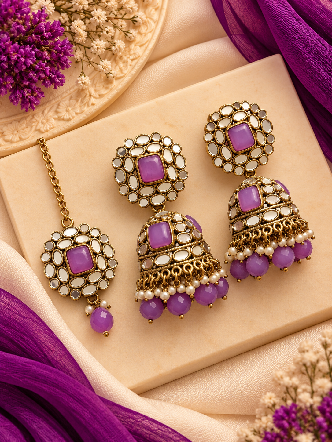 Full Mirror Work Mang Tikka With Jhumkas