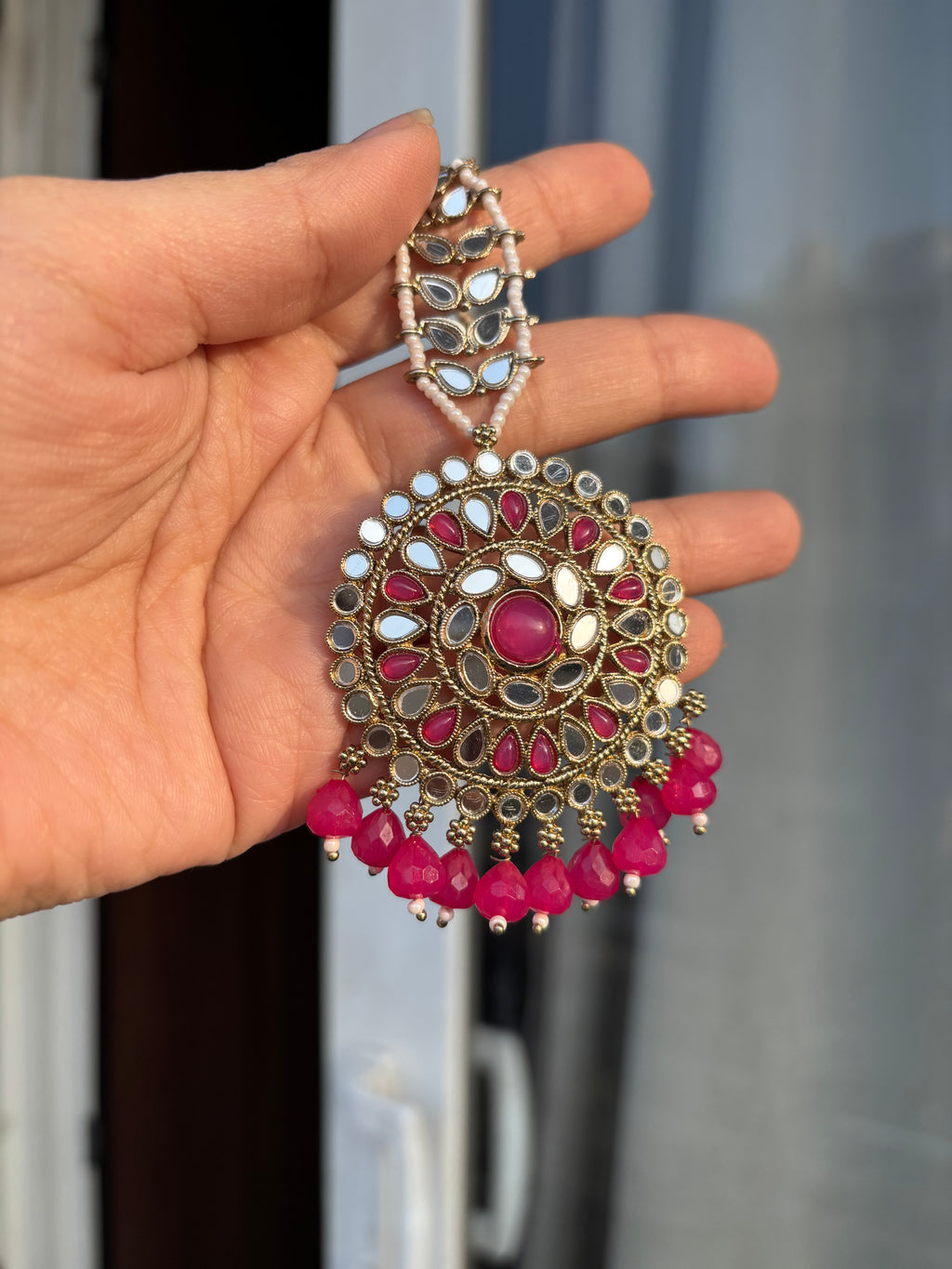 Nancy Mirror Cut Mang Tikka With Jhumkas & Side Layers ( Dark Pink )