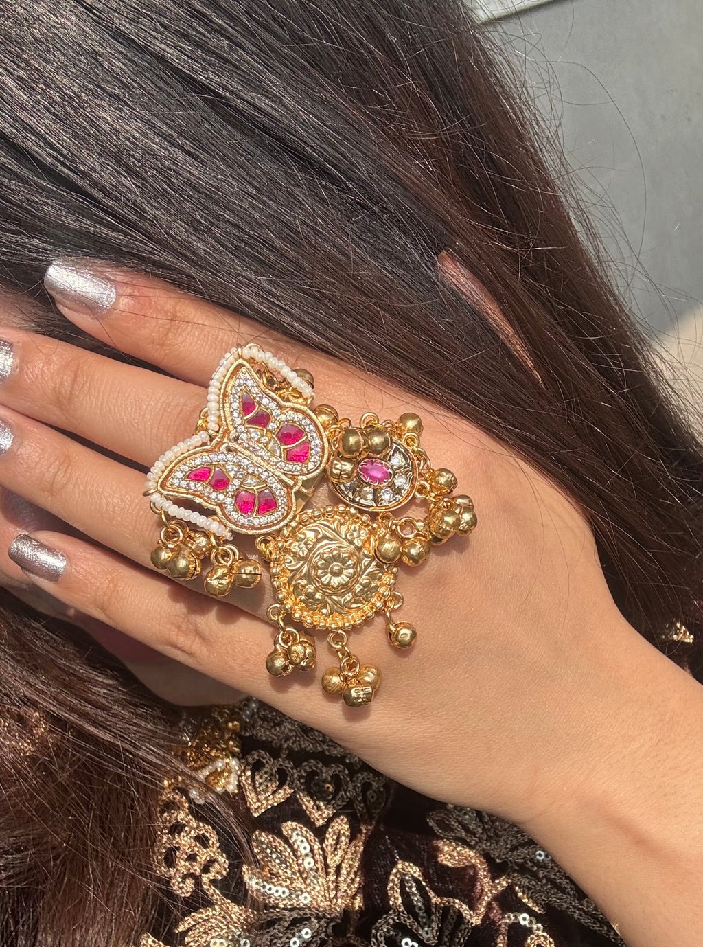 High Quality Designer Brass Adjustable Ghungroo Bold Statement Butterfly Ring