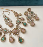 Rosy Turkish Necklace With Mang Tikka & Long Drop Earrings (Pink/Mint)