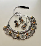 Zeena Premium Silver Necklace With Mang Tikka & Earrings In Pachi Touch