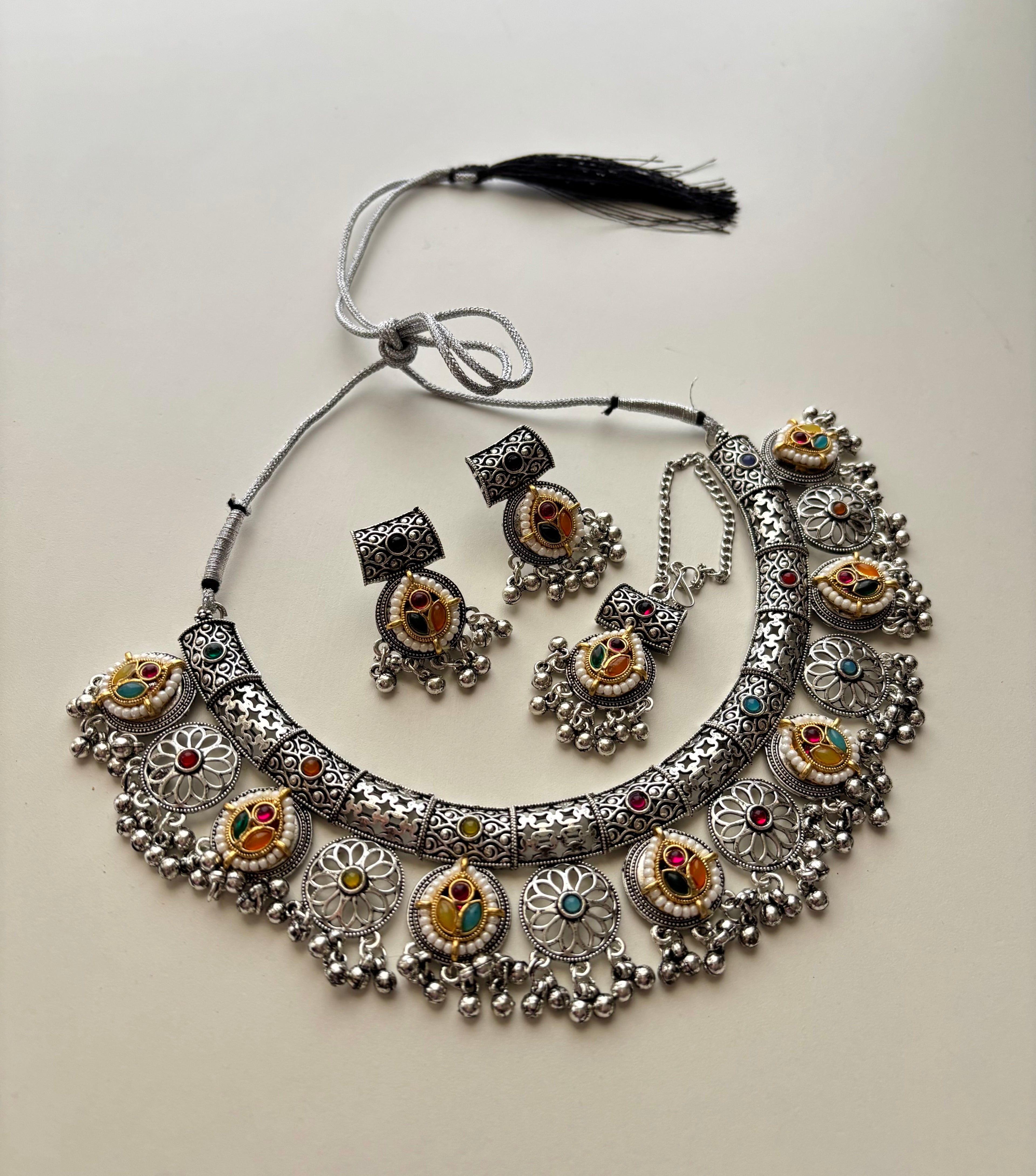 Zeena Premium Silver Necklace With Mang Tikka & Earrings In Pachi Touch
