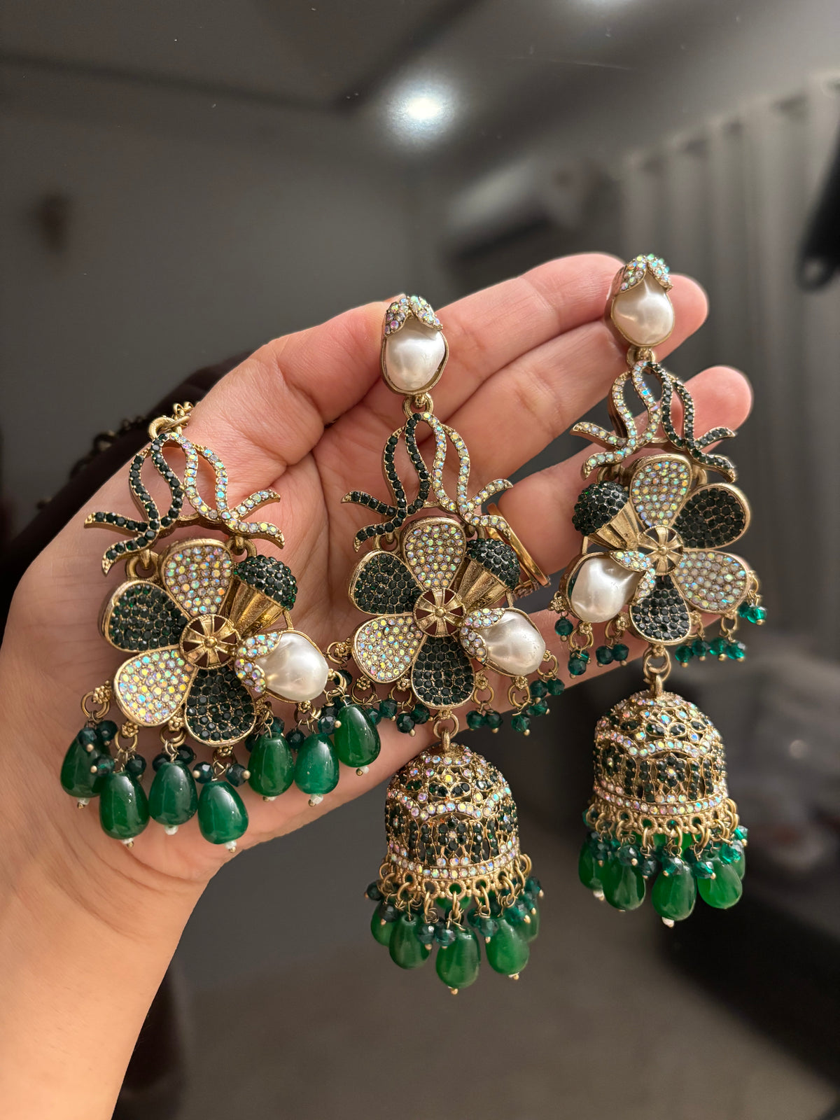 Premium Designer Turkish Long Earrings With Mang Tikka (Green)
