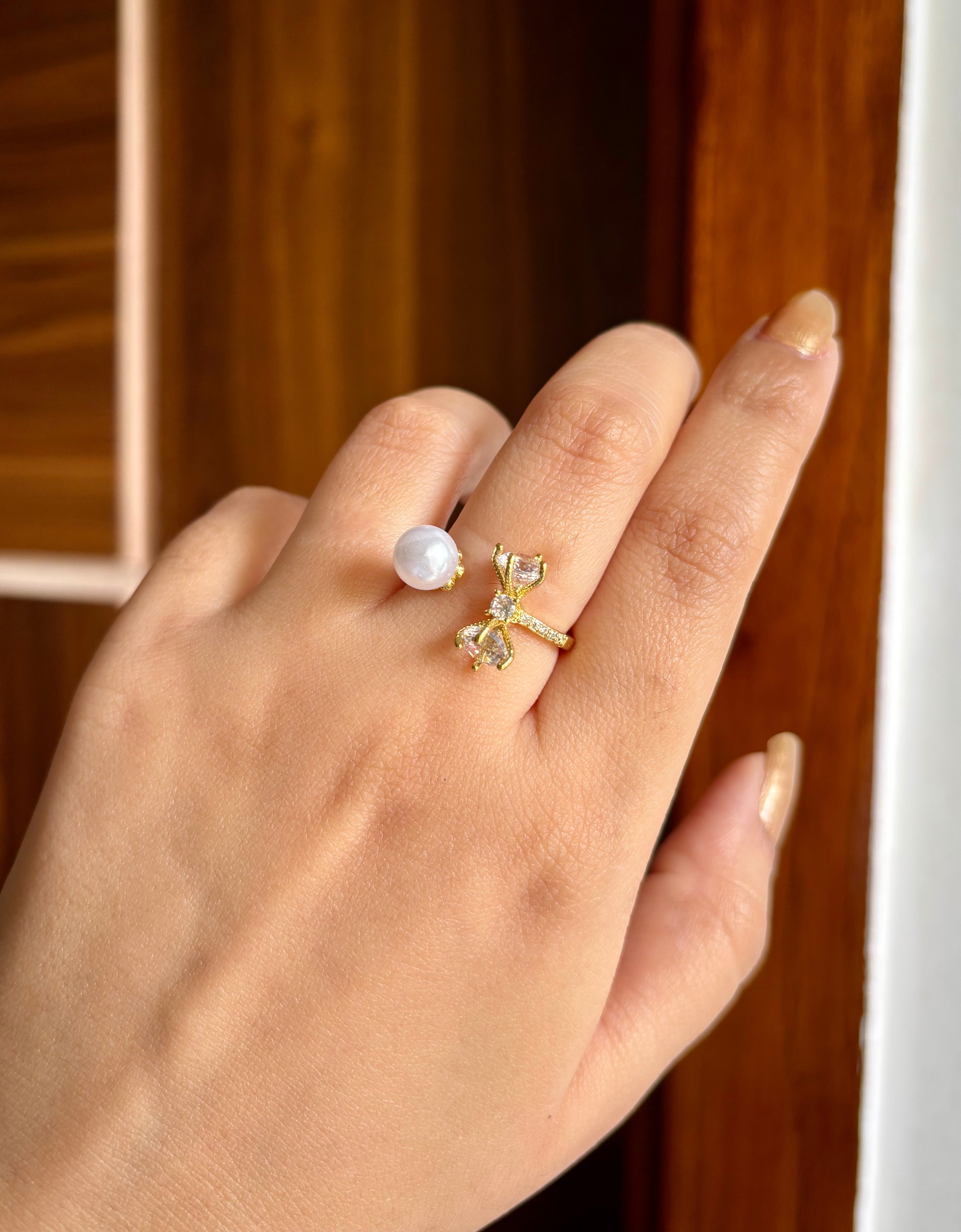 Double Soilitare & Pearl Adjustable Ring
