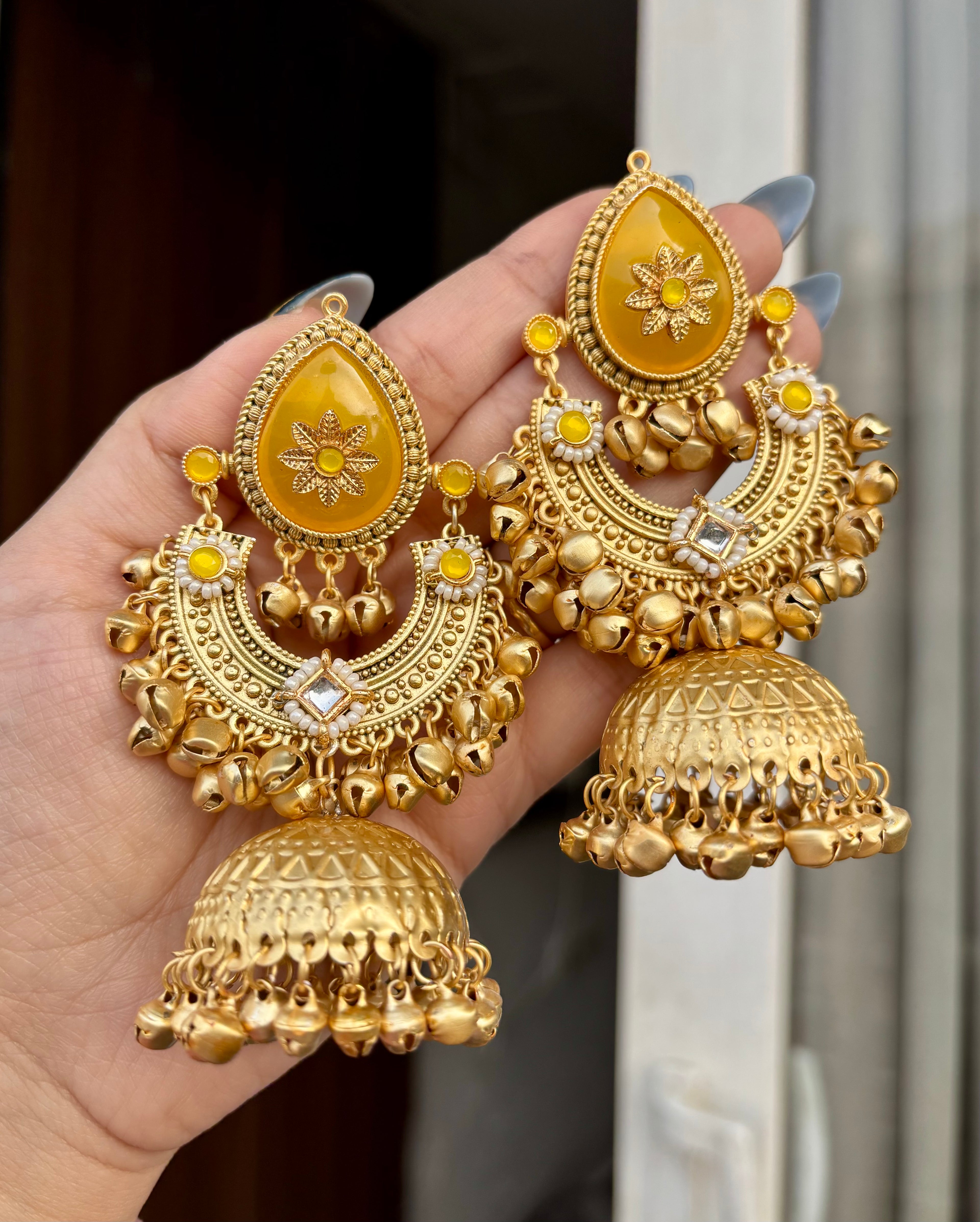 Yellow Golden Kashmiri Chandbali Jhumkas