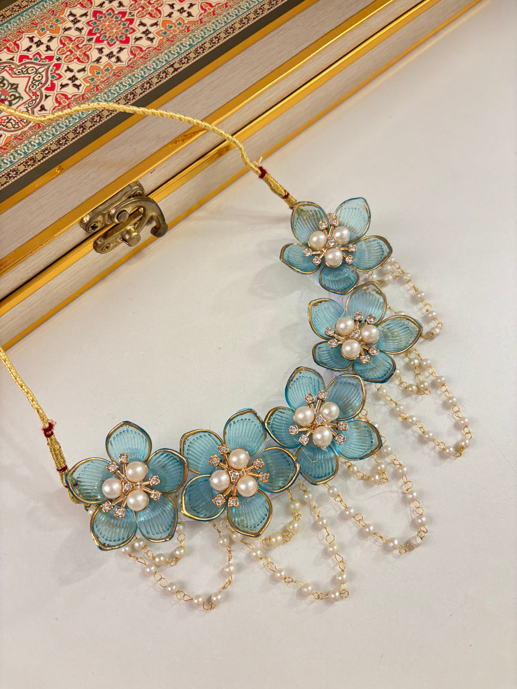 Flower Petal Floral Necklace With Mang Tikka & Earrings (Blue)