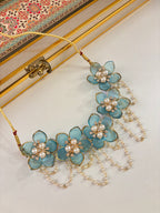 Flower Petal Floral Necklace With Mang Tikka & Earrings (Blue)