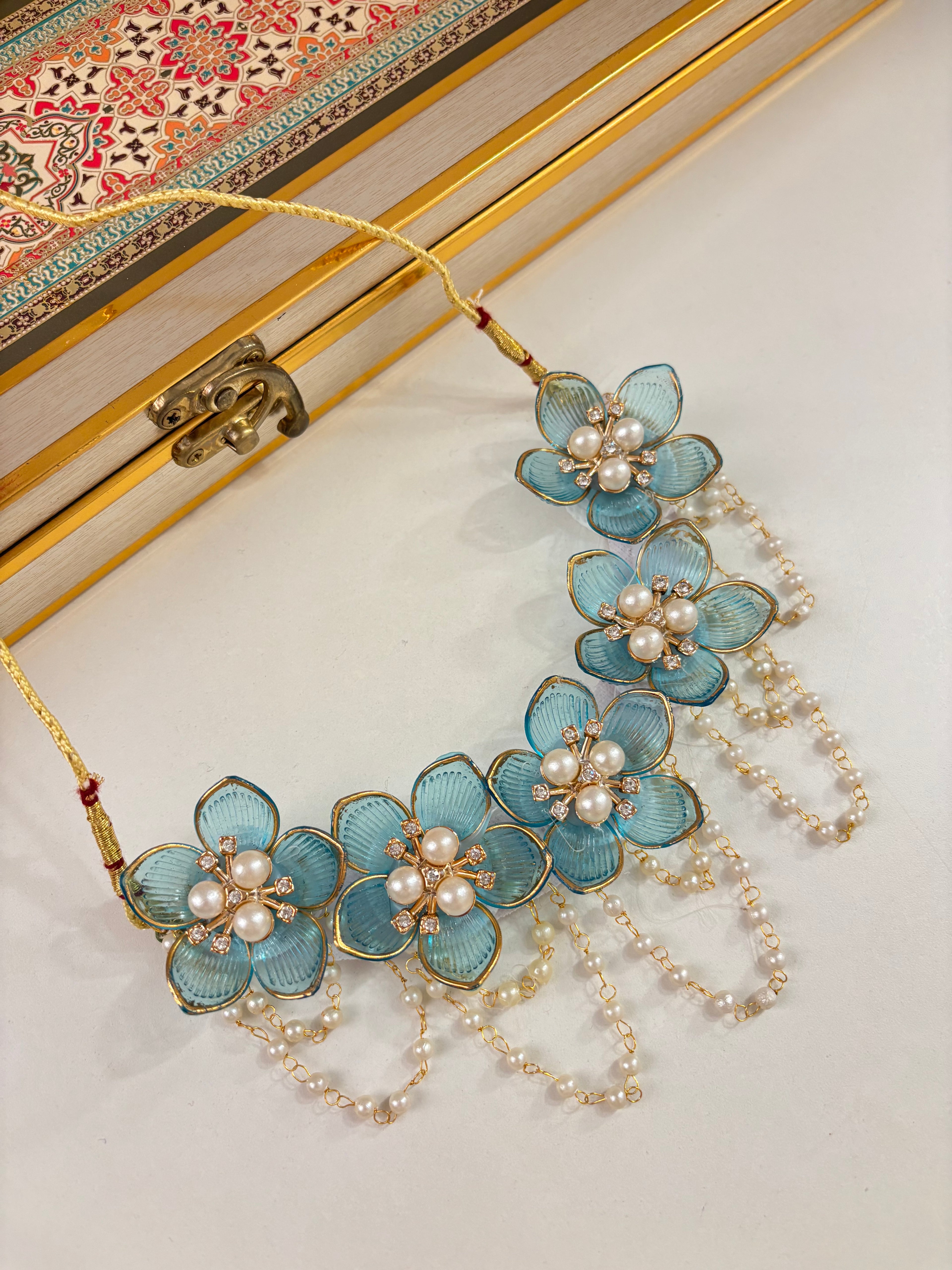 Flower Petal Floral Necklace With Mang Tikka & Earrings (Blue)