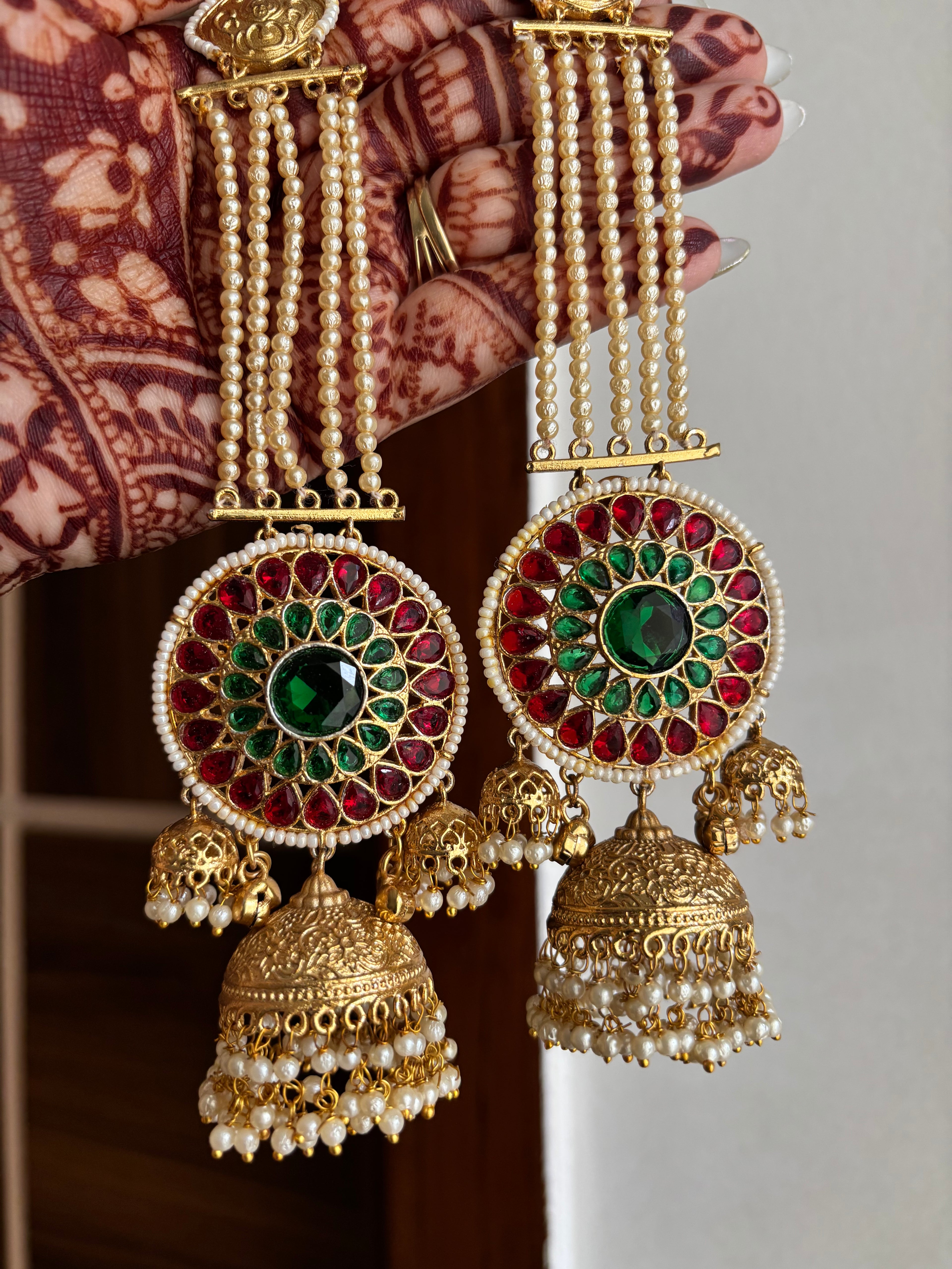 Gurpreet Brass Jhumkas With Sahara (Maroon/Emerald)
