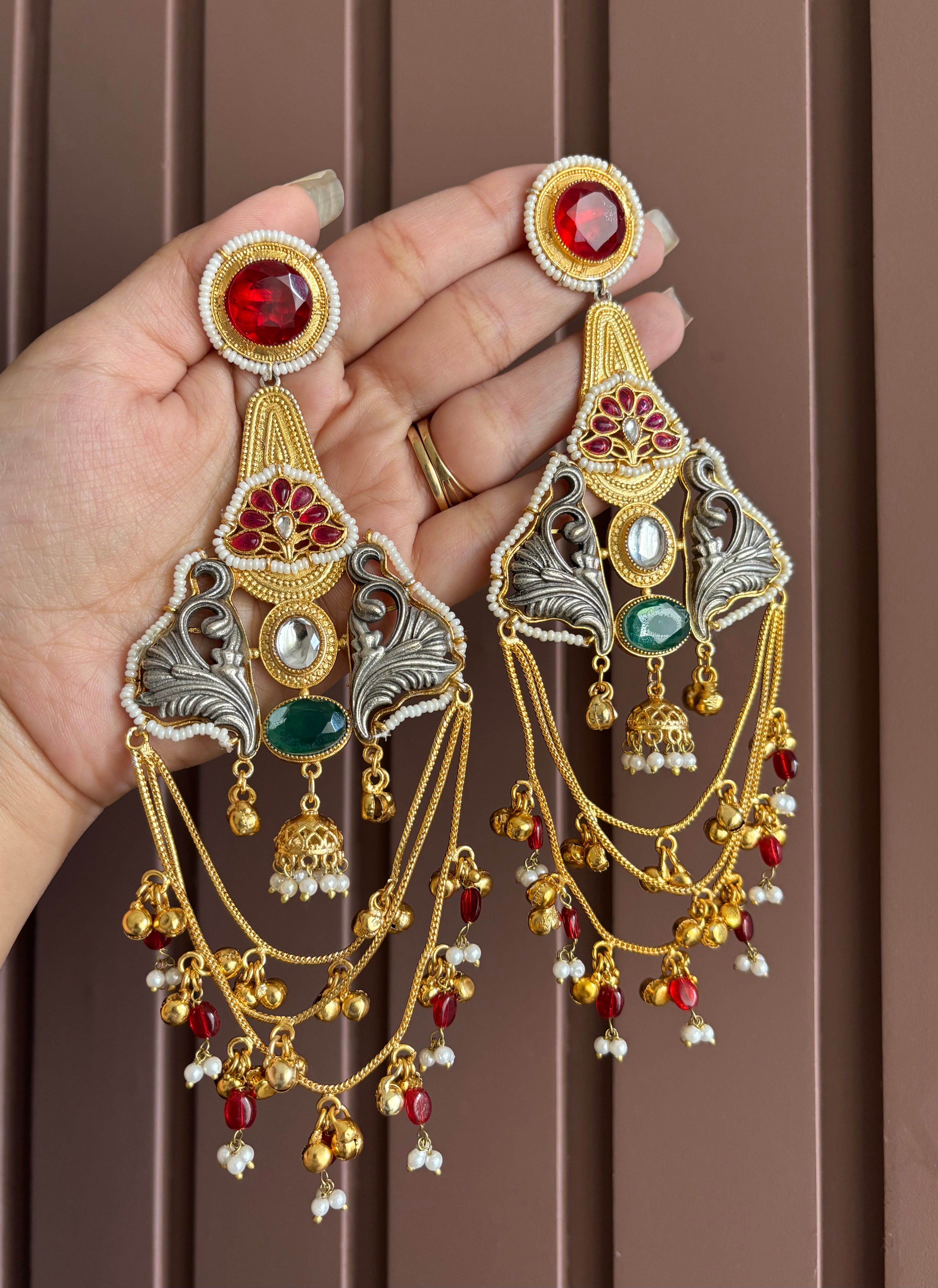 Barkha Heavy Look Long Earrings ( Maroon & Green )
