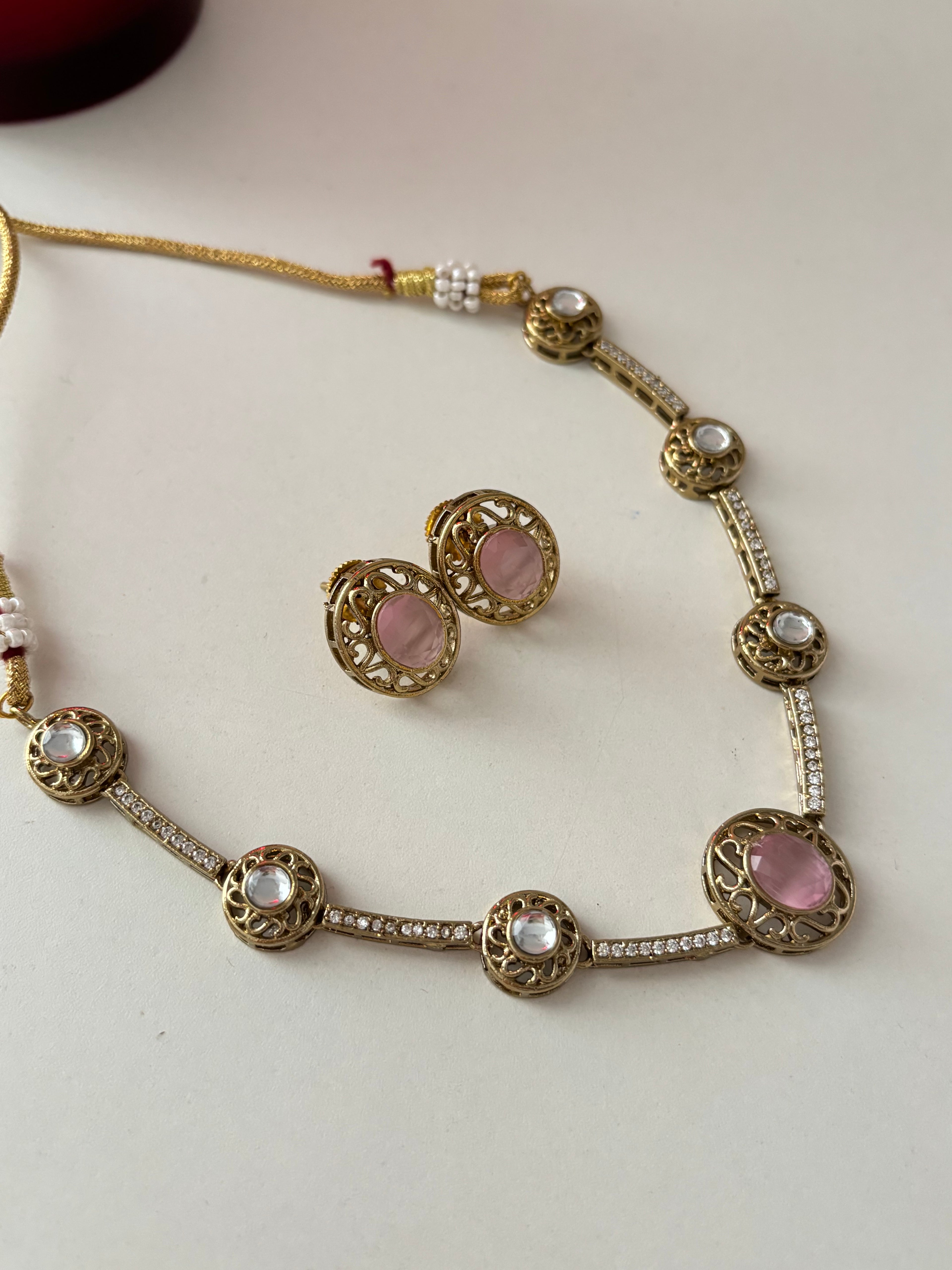 Premium Doublet & Polki Work Necklace With Studs (Pink)