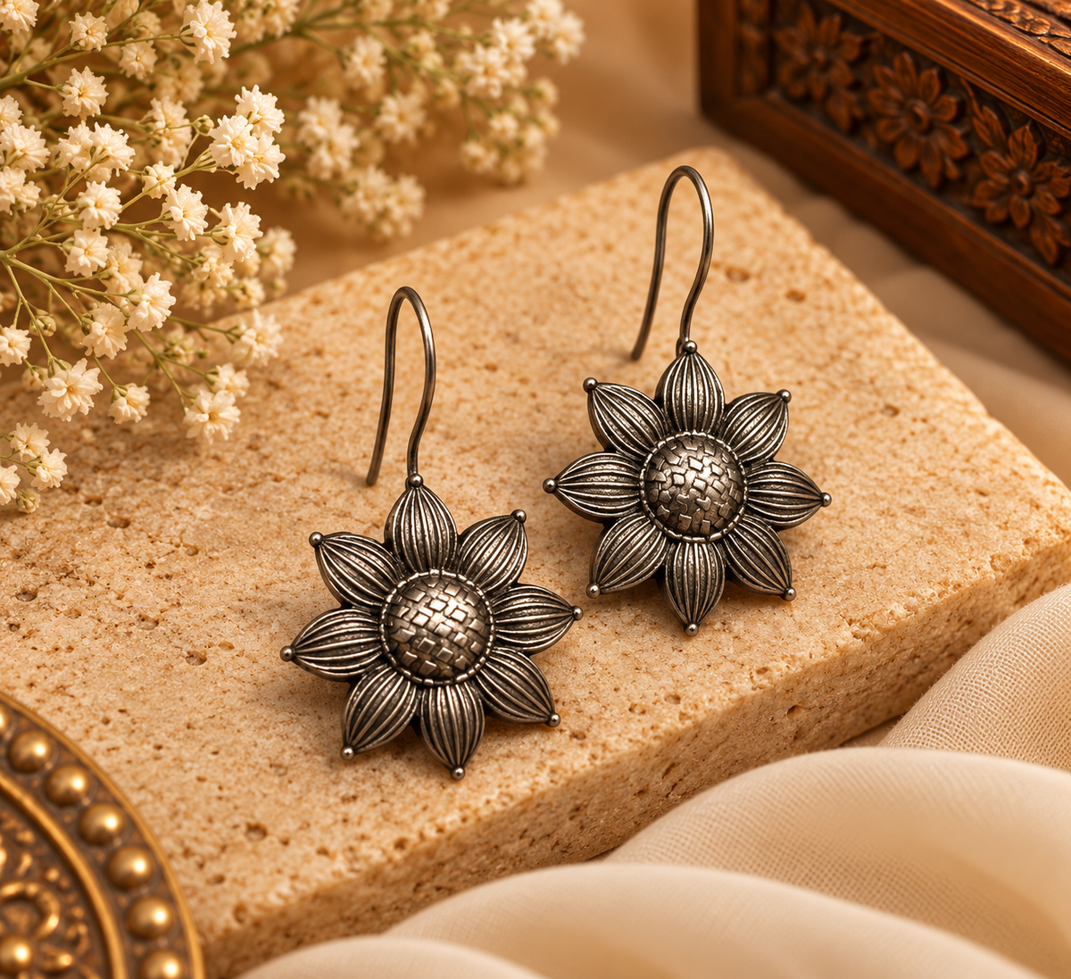 Sunflower Drop Silver Earrings