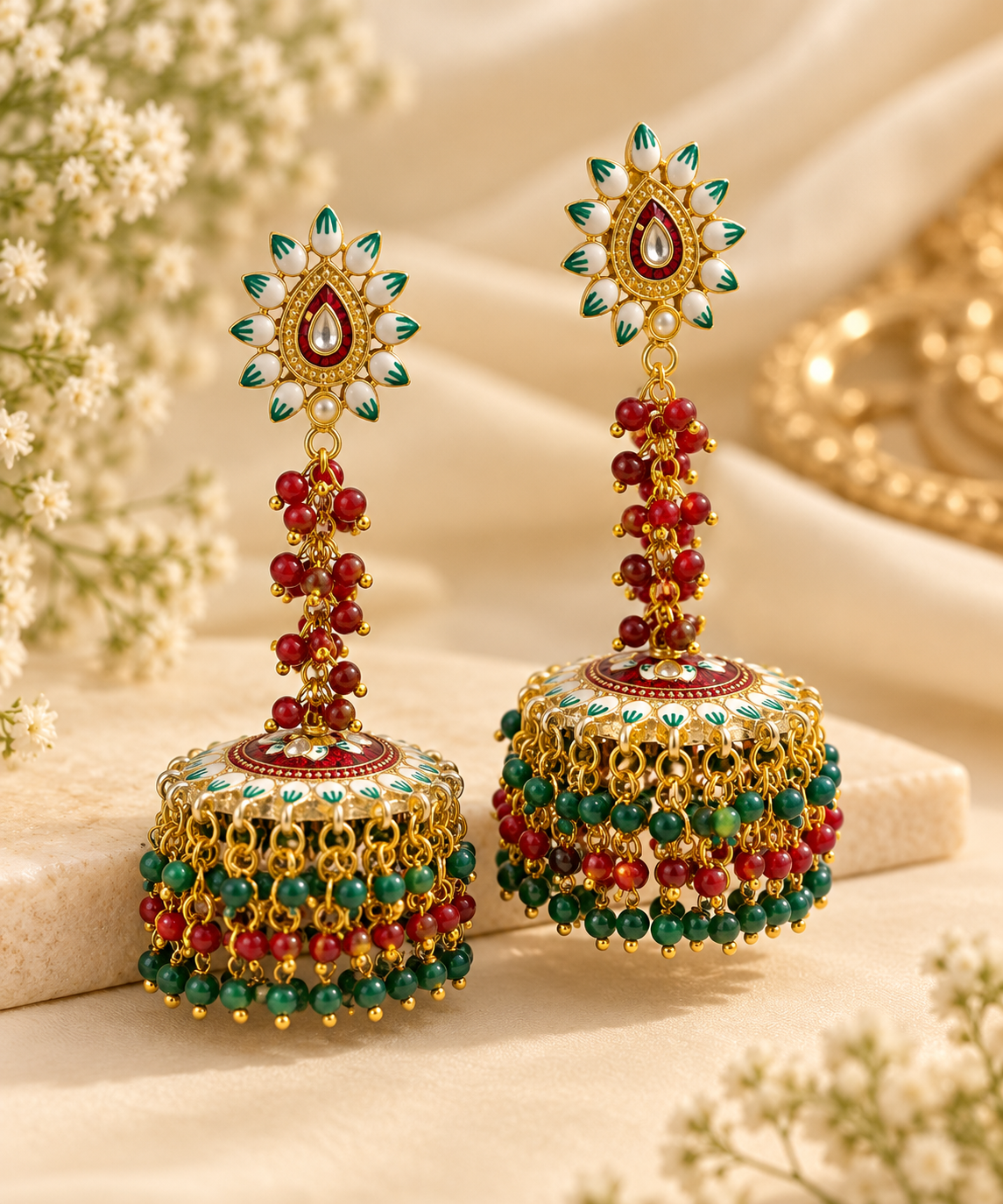 Maroon & Emerald Mix Meenakari Work Jhumkas