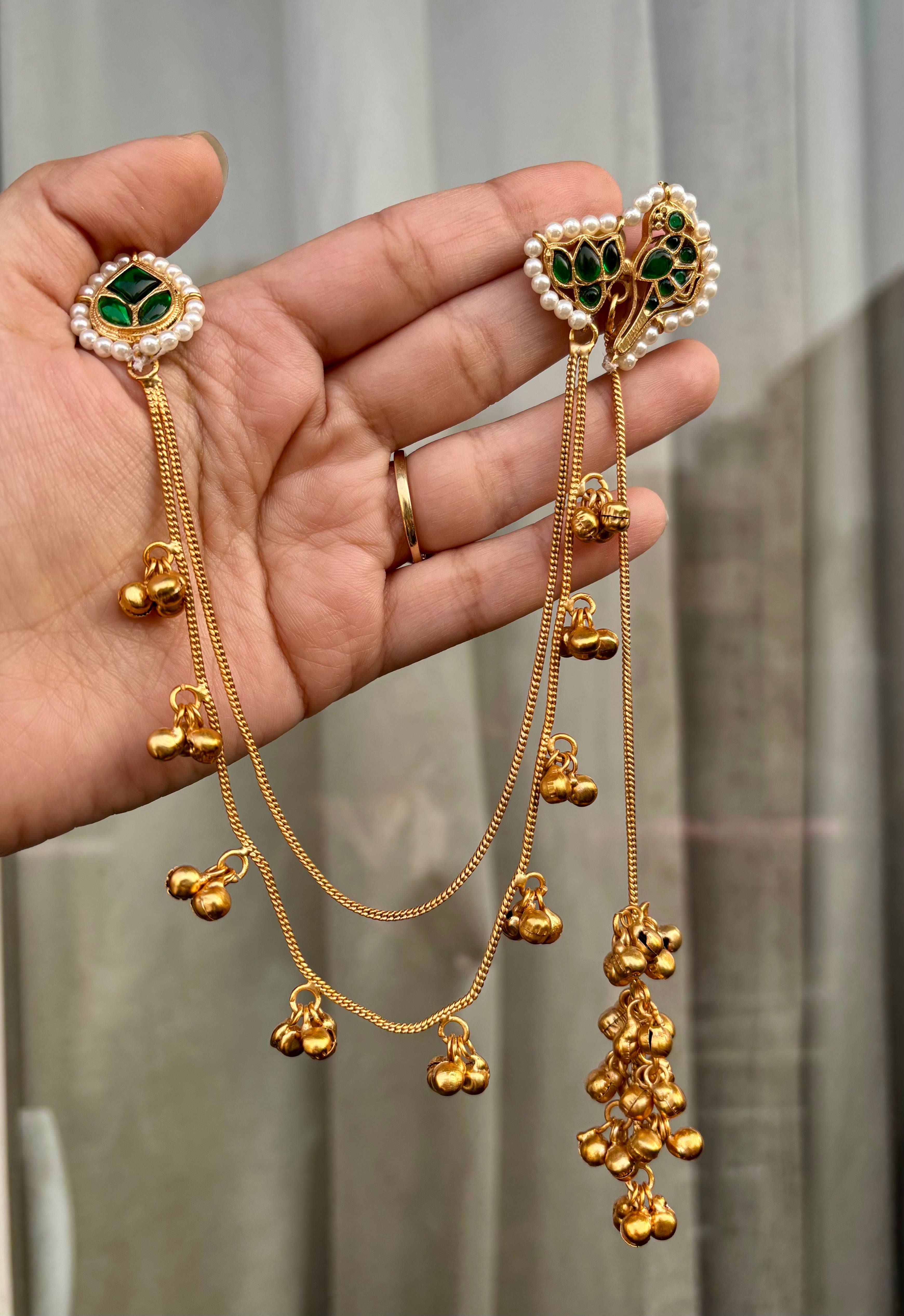 Green Bird Kashmiri Earrings With Side Layers