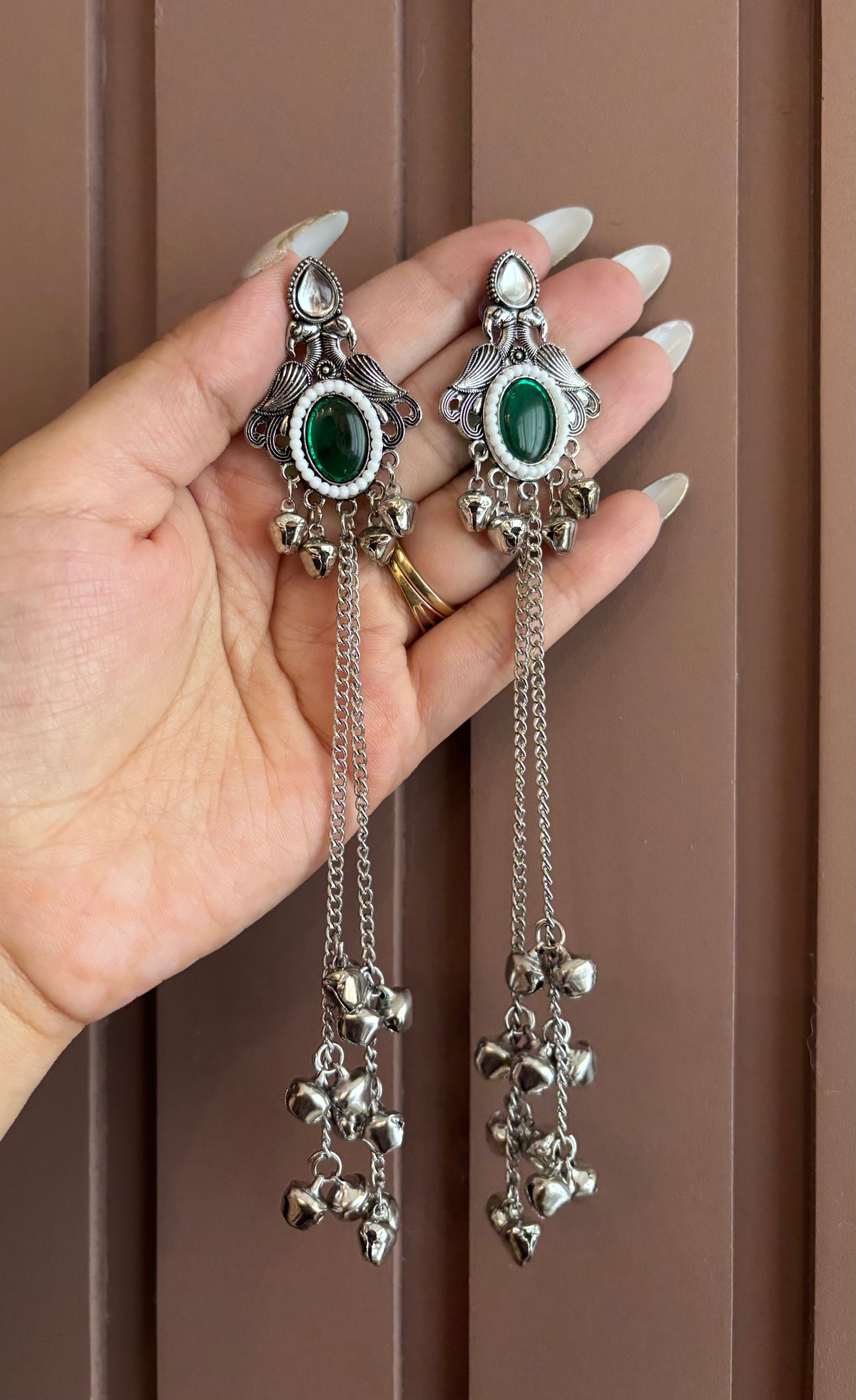 Oval Silver Ghungroo Earrings (Green)