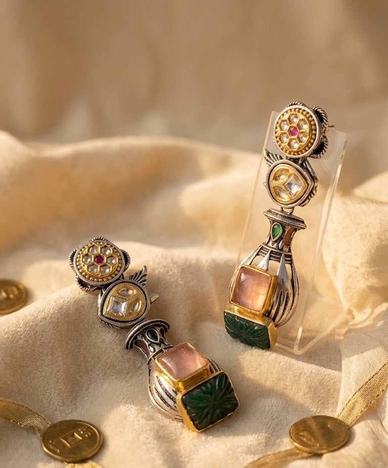 Premium German Silver Earrings (Pink & Emerald)