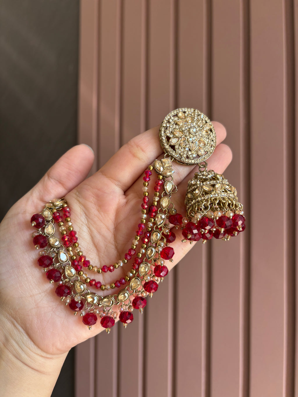 Round Maroon Mang Tikka With Jhumkas & Side Layers