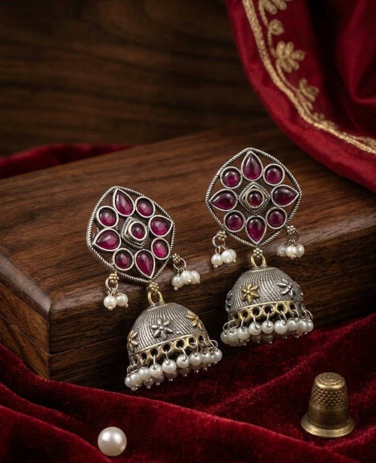 Premium German Silver Jhumkas With Ruby Touch
