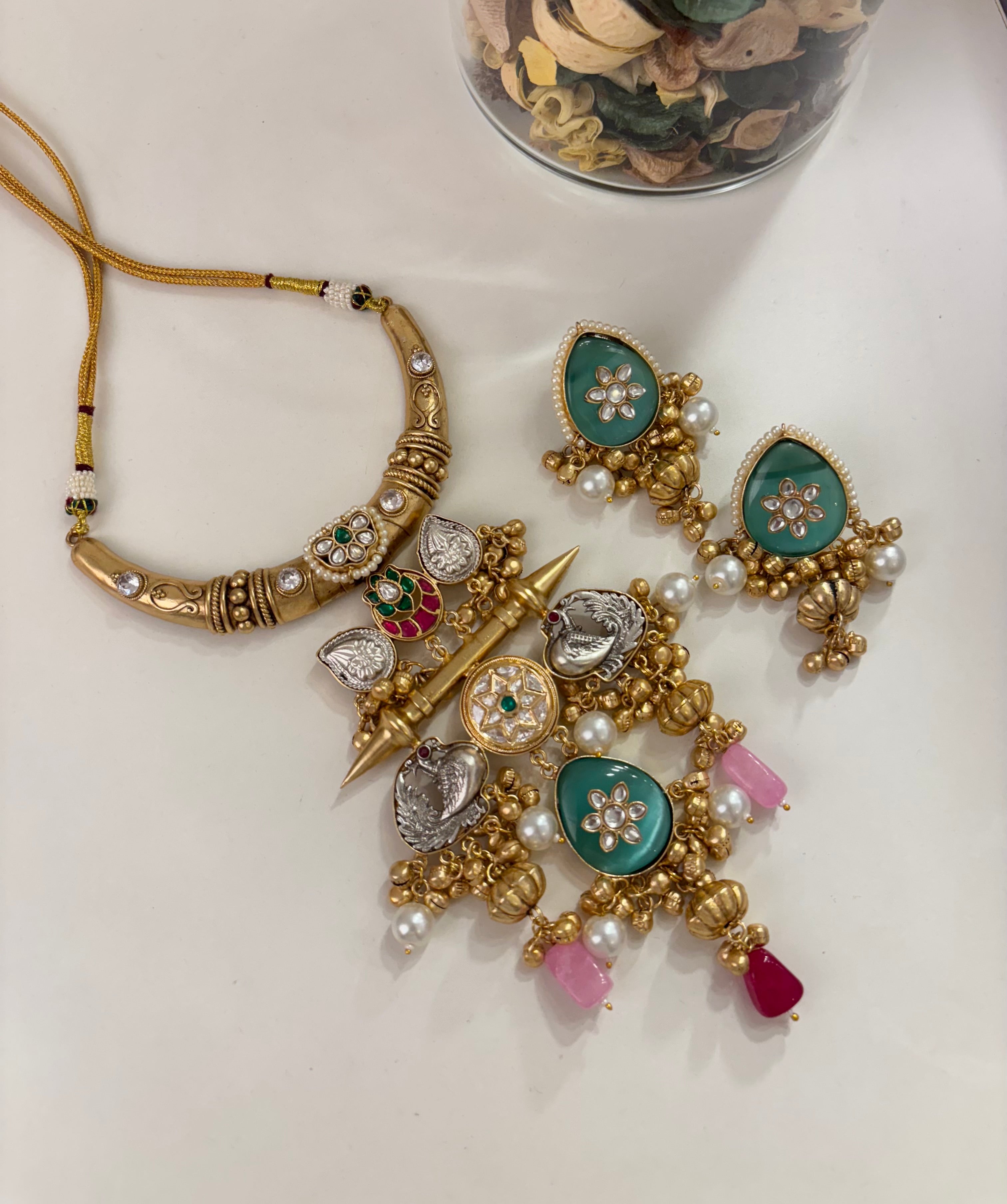 Premium Quality Brass Fusion Necklace With Earrings (Pink/Mint)