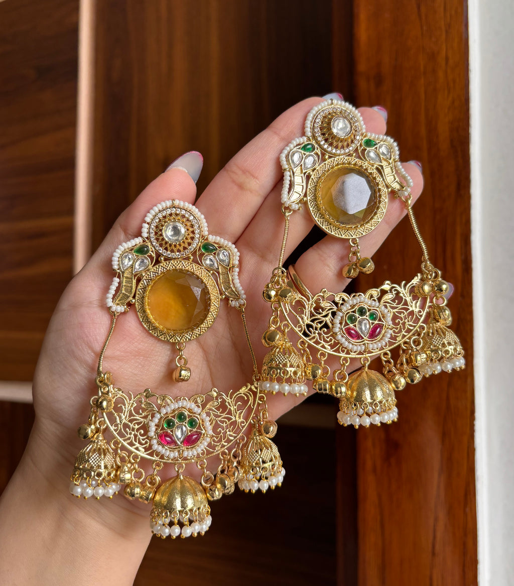 Laila Kashmiri Chandbali Earrings (Yellow)