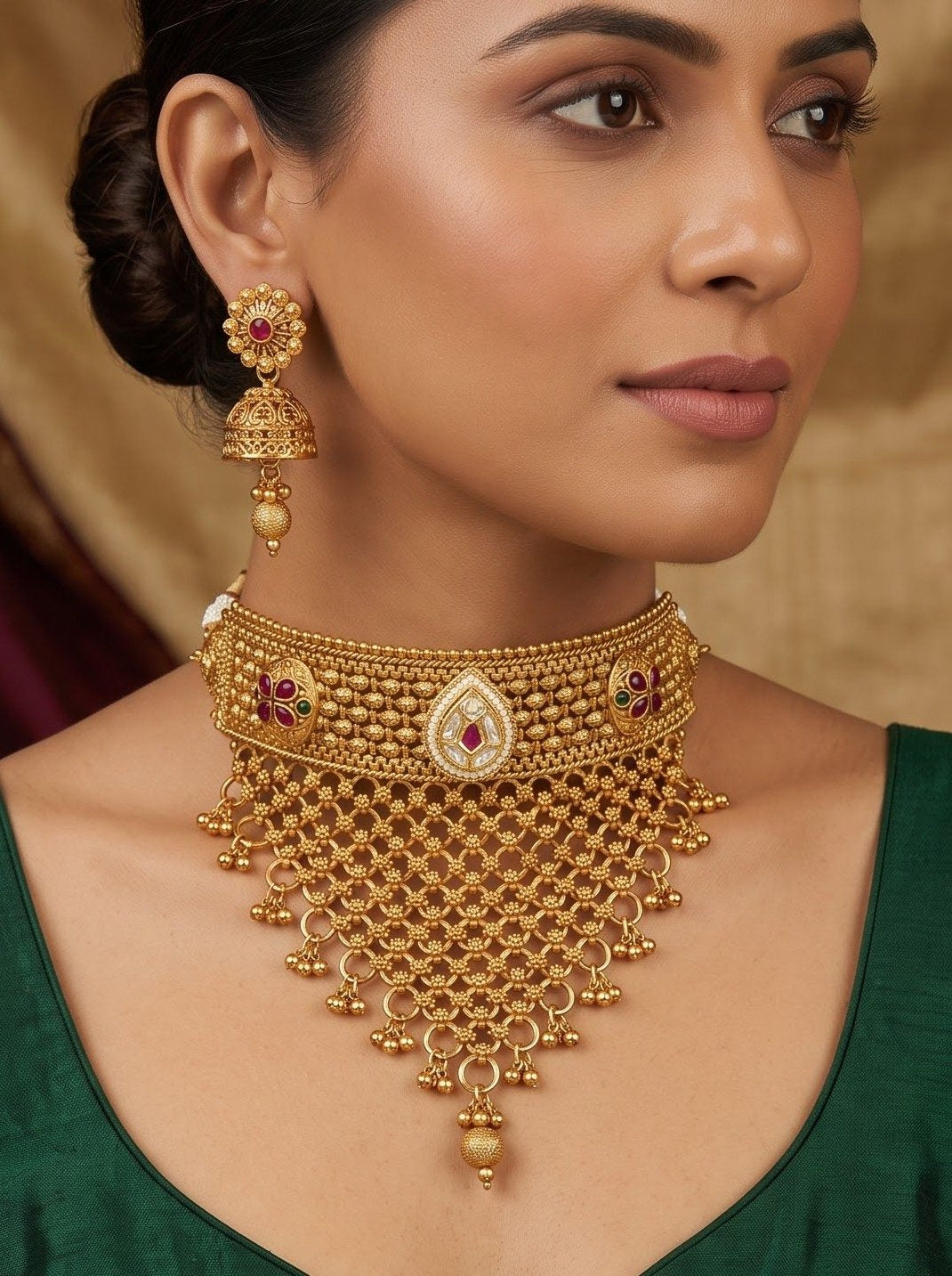 Premium Gold Look Like Choker Set With Jhumkas Design-25