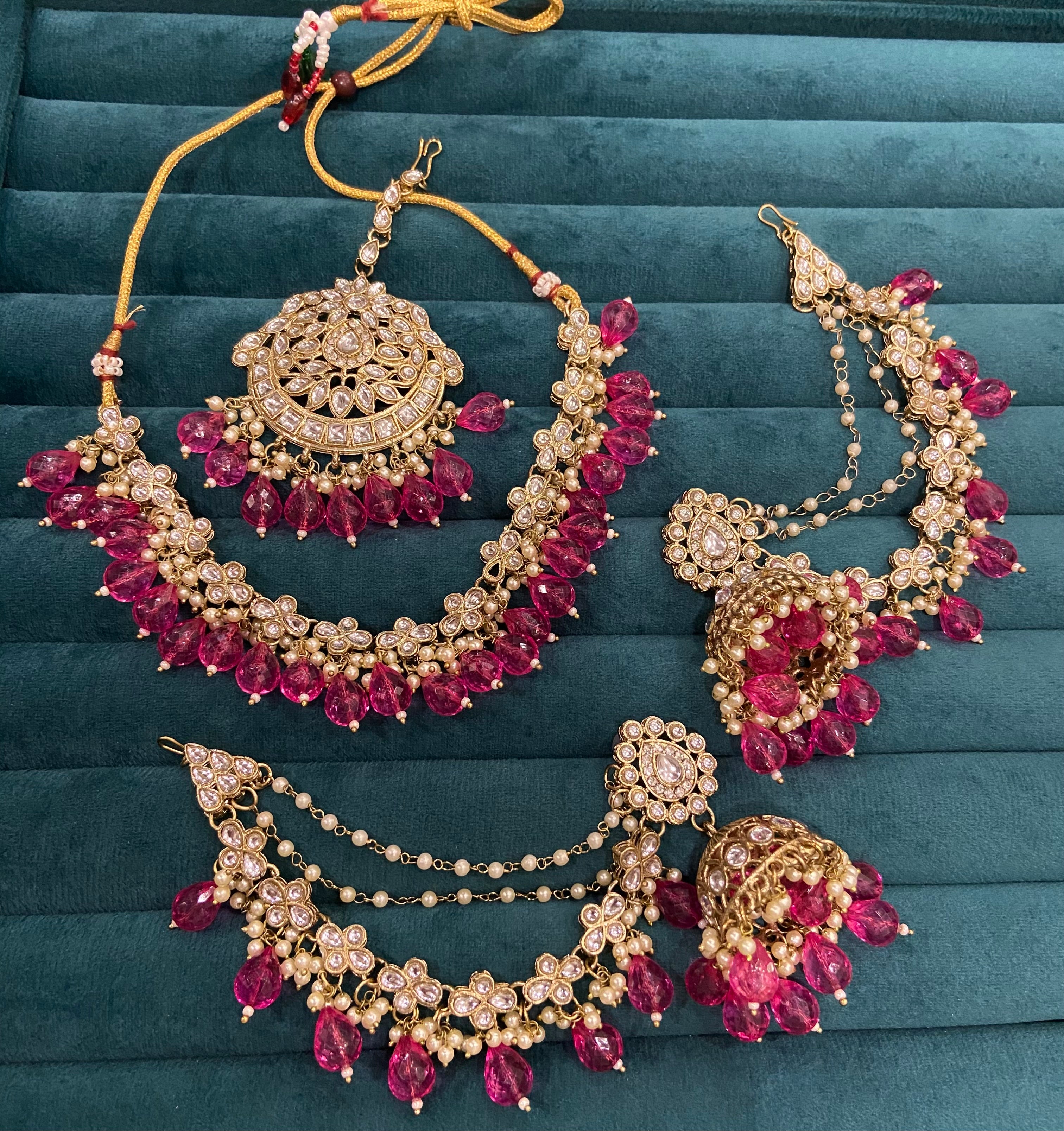 Zeenat Dark Mazanta Sleek Set With Mang Tikka & Jhumkas With Side Layers
