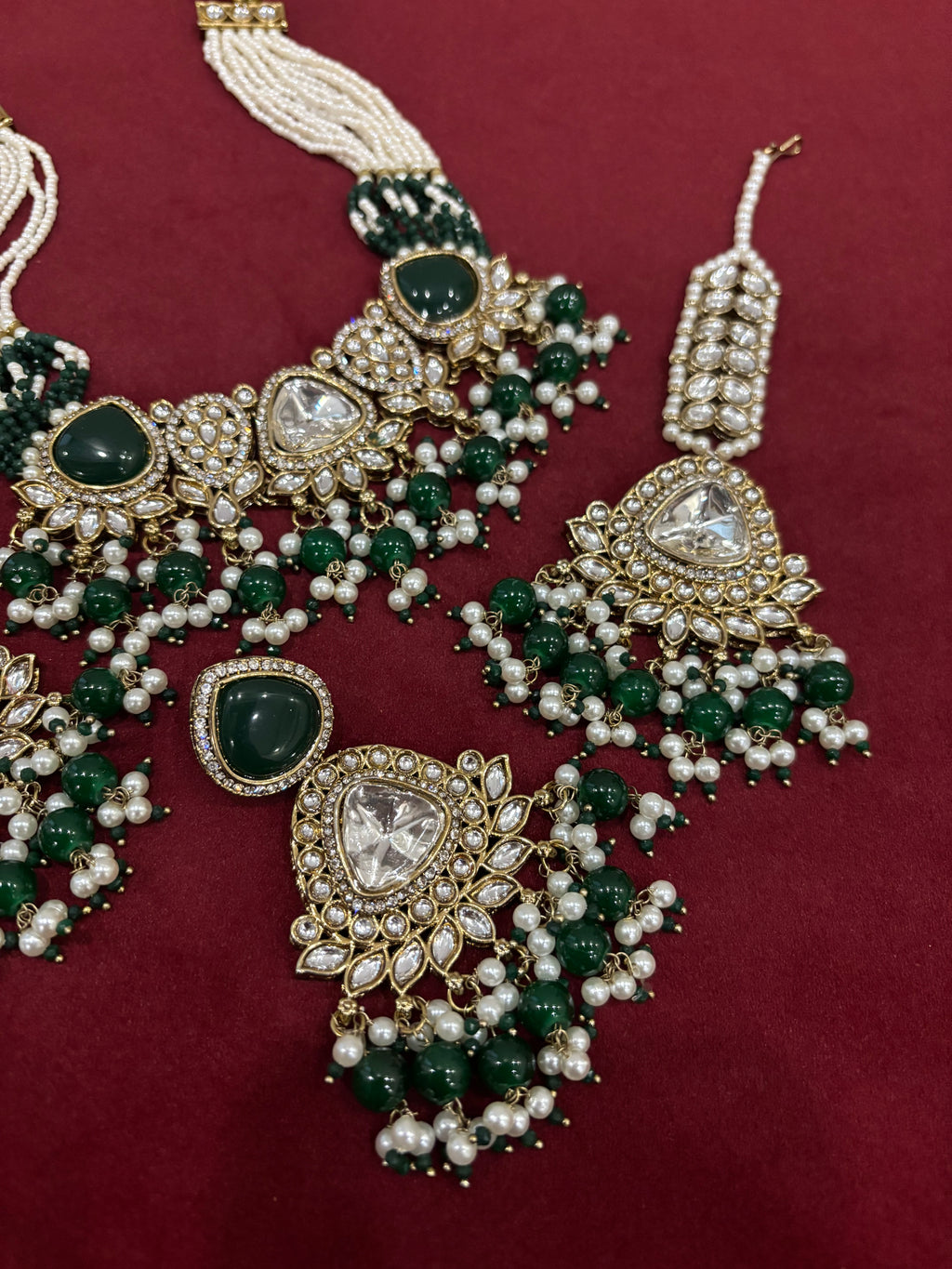 Emerald Navneet Heavy Look Necklace With Mang Tikka & Earrings