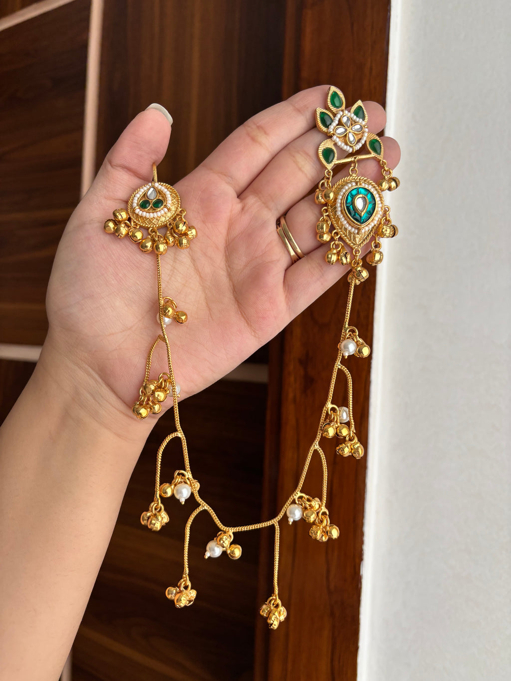 Noor Brass Earrings With Side Layers (Green)