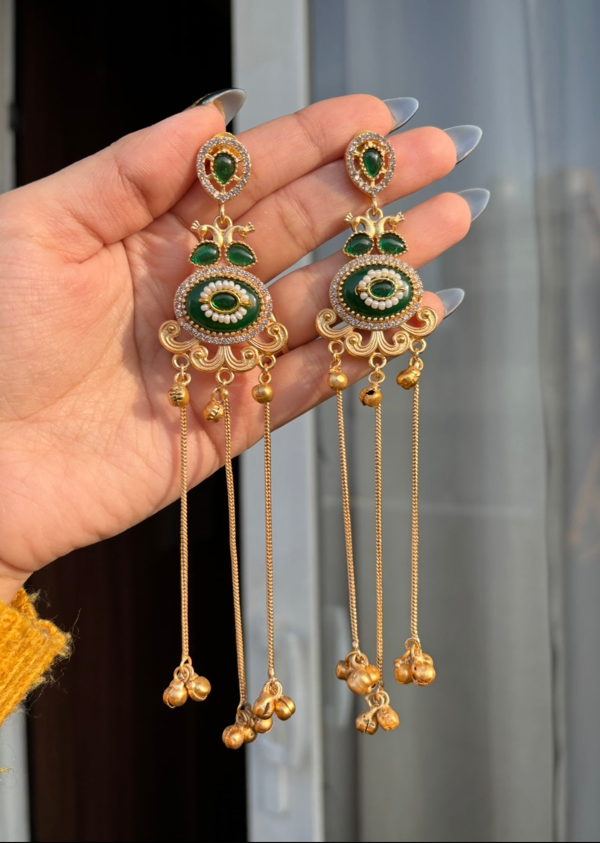 Kareena Kashmiri Long Layer Earrings ( Green )