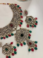 Premium Heavy Look Royal Necklace With Earrings (Maroon/Emerald)