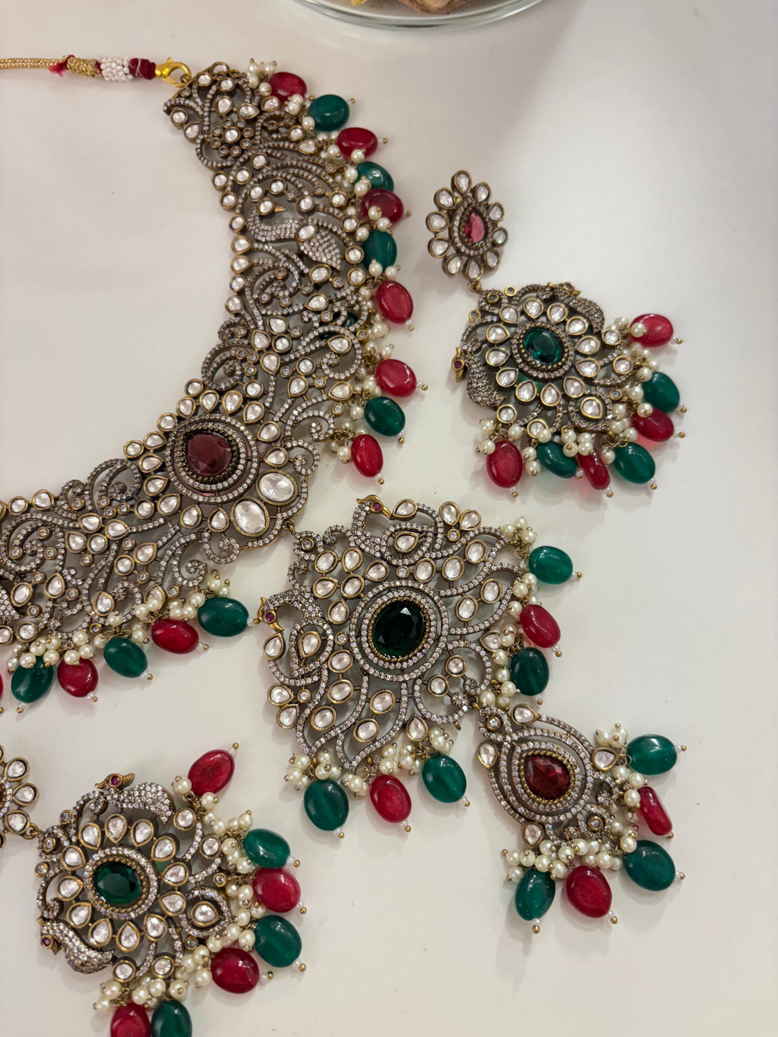 Premium Heavy Look Royal Necklace With Earrings (Maroon/Emerald)