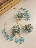 Rose Petal & Mogra Touch Necklace With Mang Tikka & Earrings With Side Layers (Blue)
