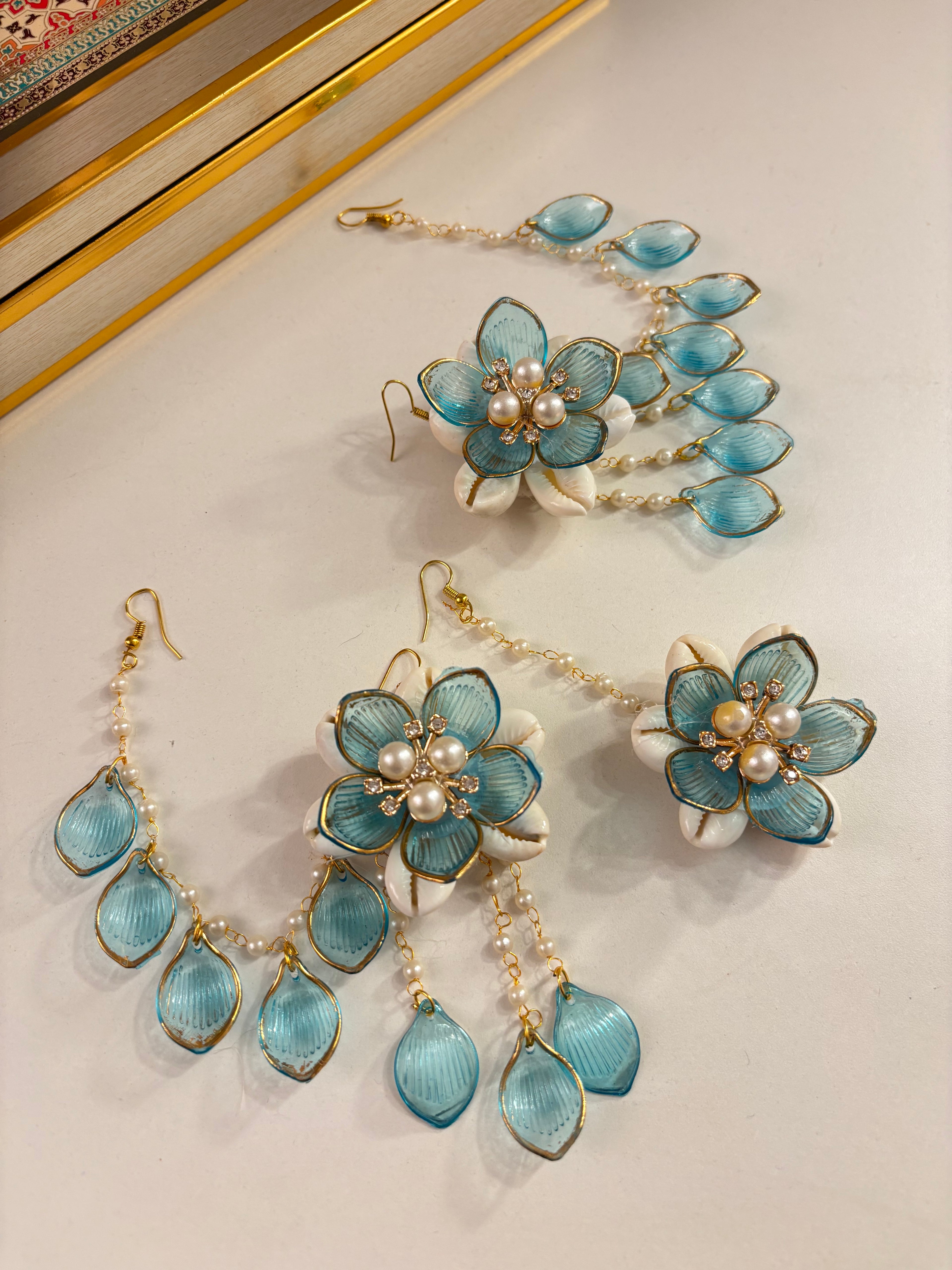 Rose Petal & Mogra Touch Necklace With Mang Tikka & Earrings With Side Layers (Blue)
