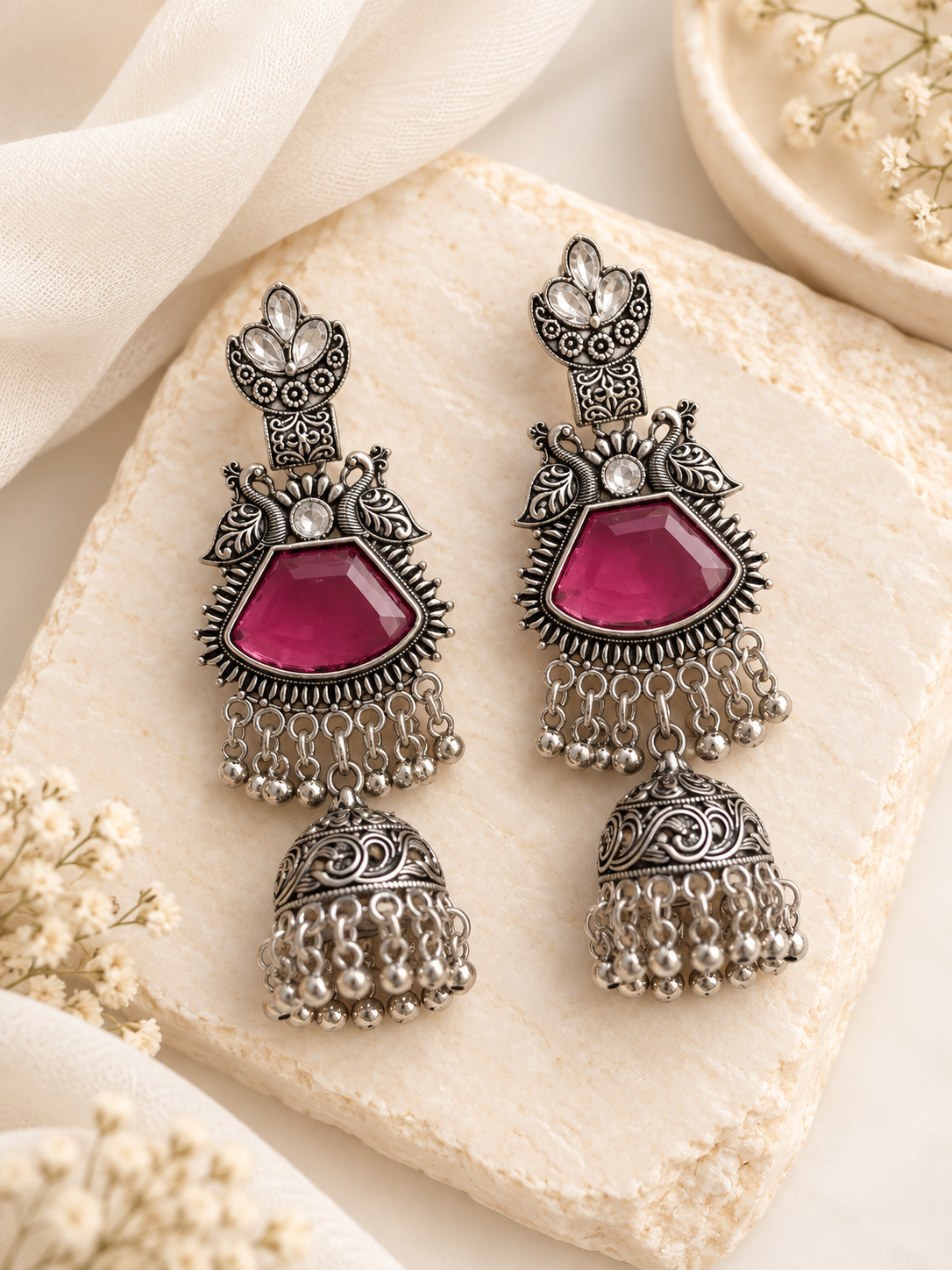 Safeena Silver Jhumkas (Dark Pink)