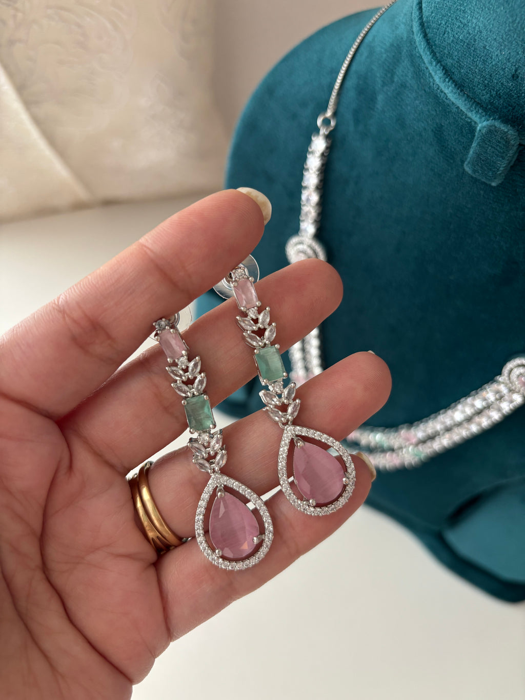 Double Layer Long American Diamond Necklace With Earrings ( Pink Mint)
