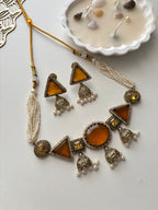 Jazz Doublet Stone Work Choker With Earrings (Mustard)