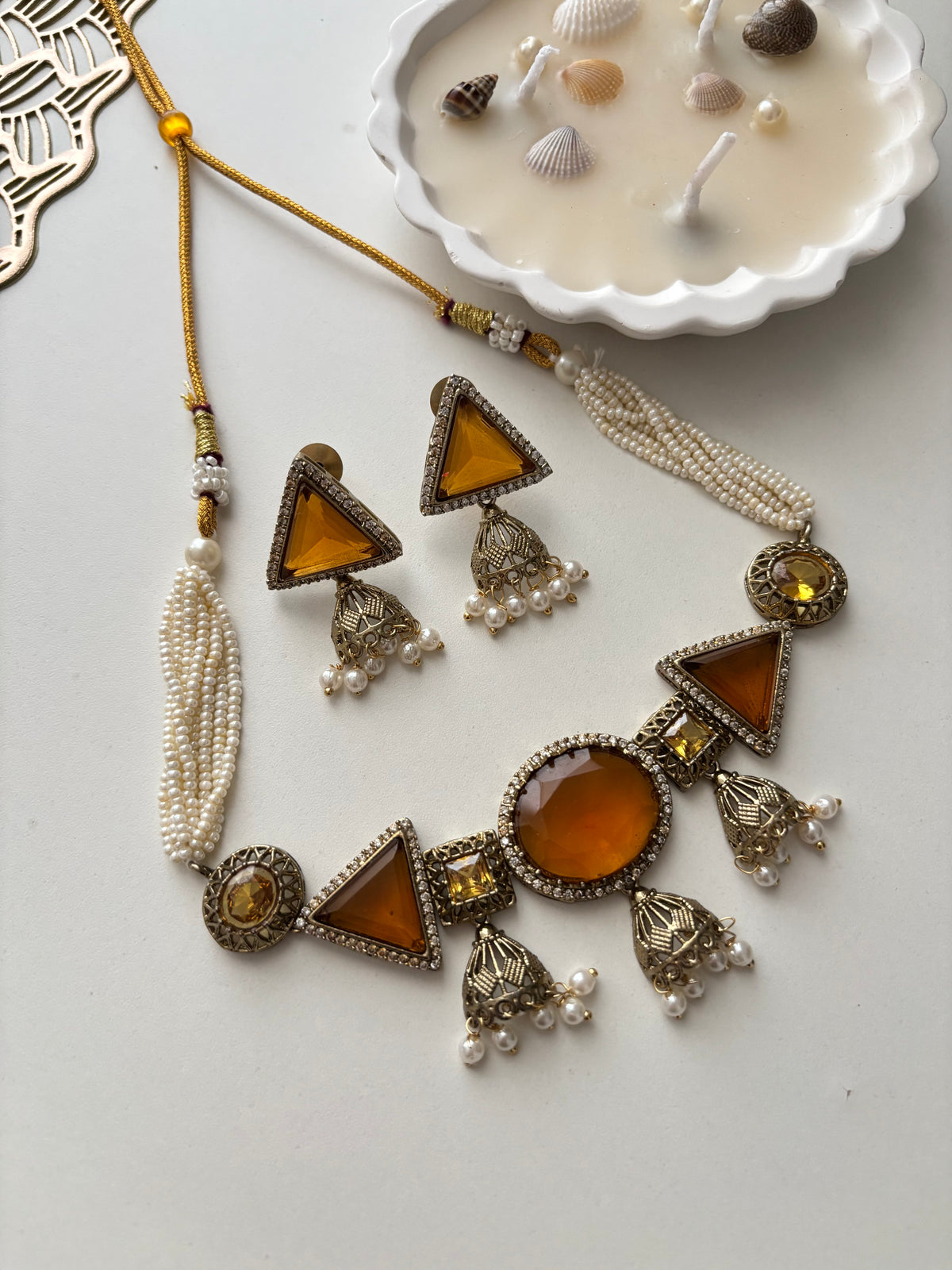 Jazz Doublet Stone Work Choker With Earrings (Mustard)