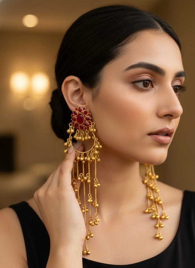 Ruby Flower Long Kashmiri Earrings With Ghungroo Touch