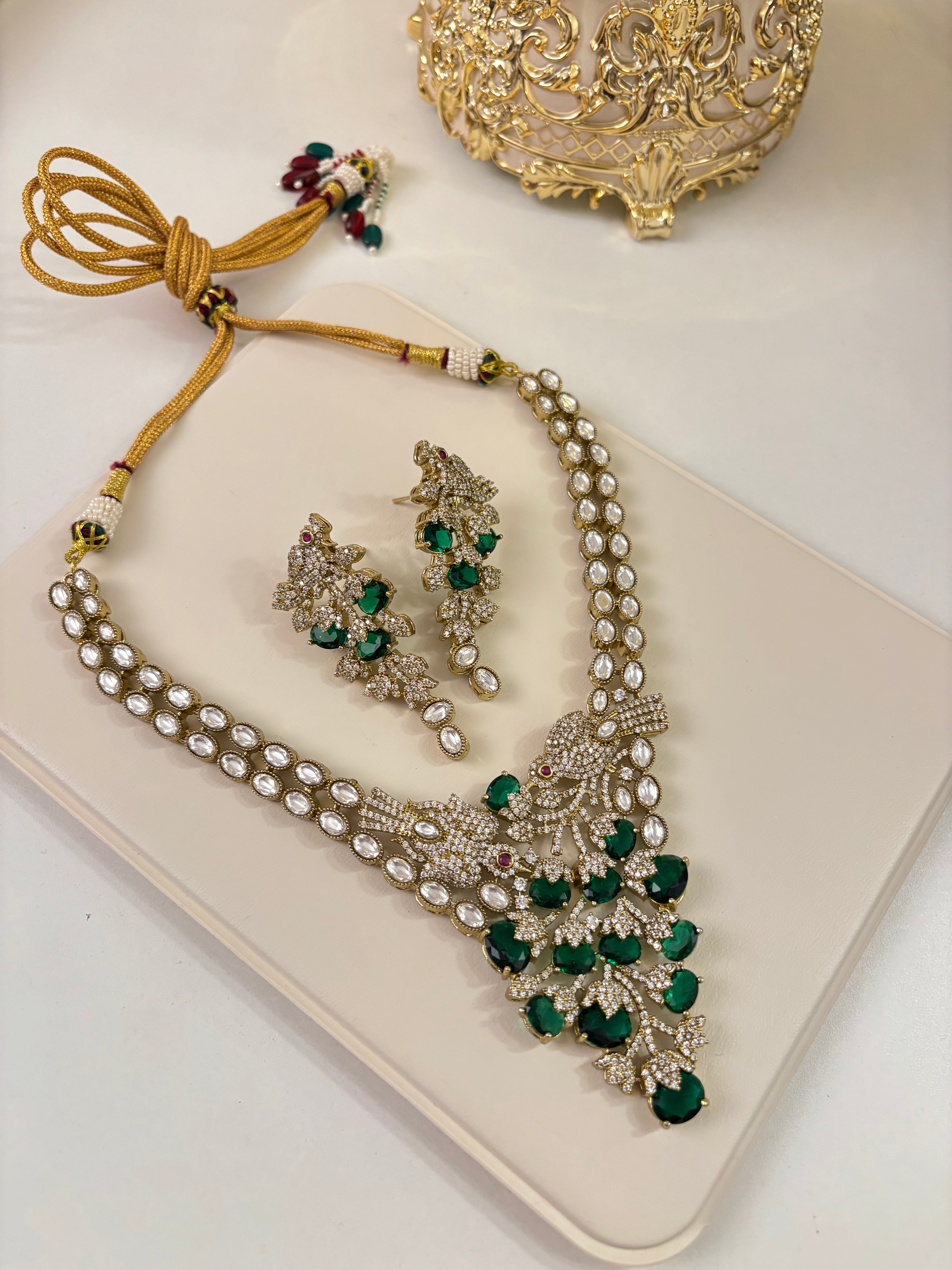 Premium Classy Nature Inspired Emerald Necklace With Earrings ( Moissanite & Doublet Stones Work)