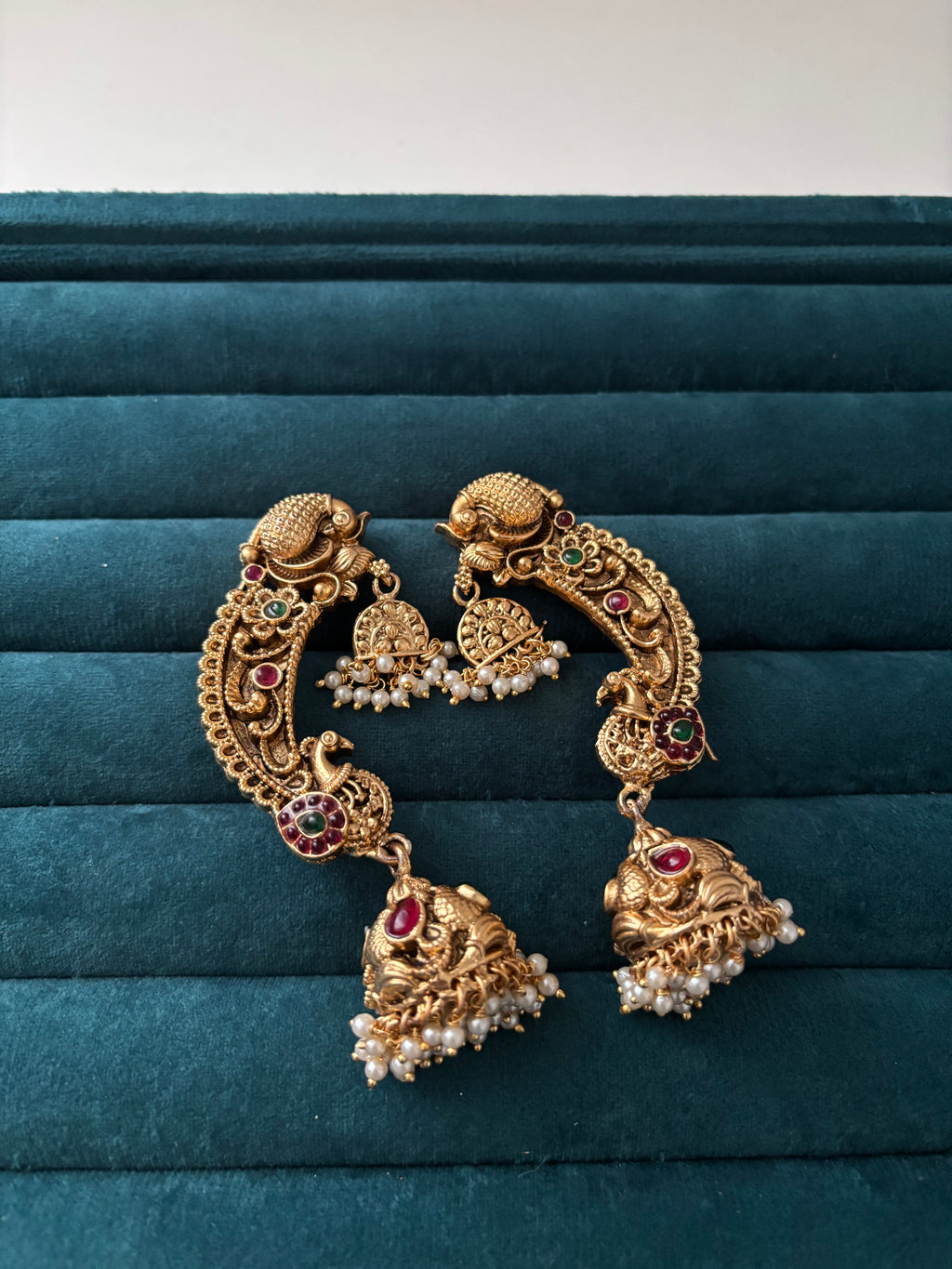 Peacock Brass Earcuff With Pearls Touch