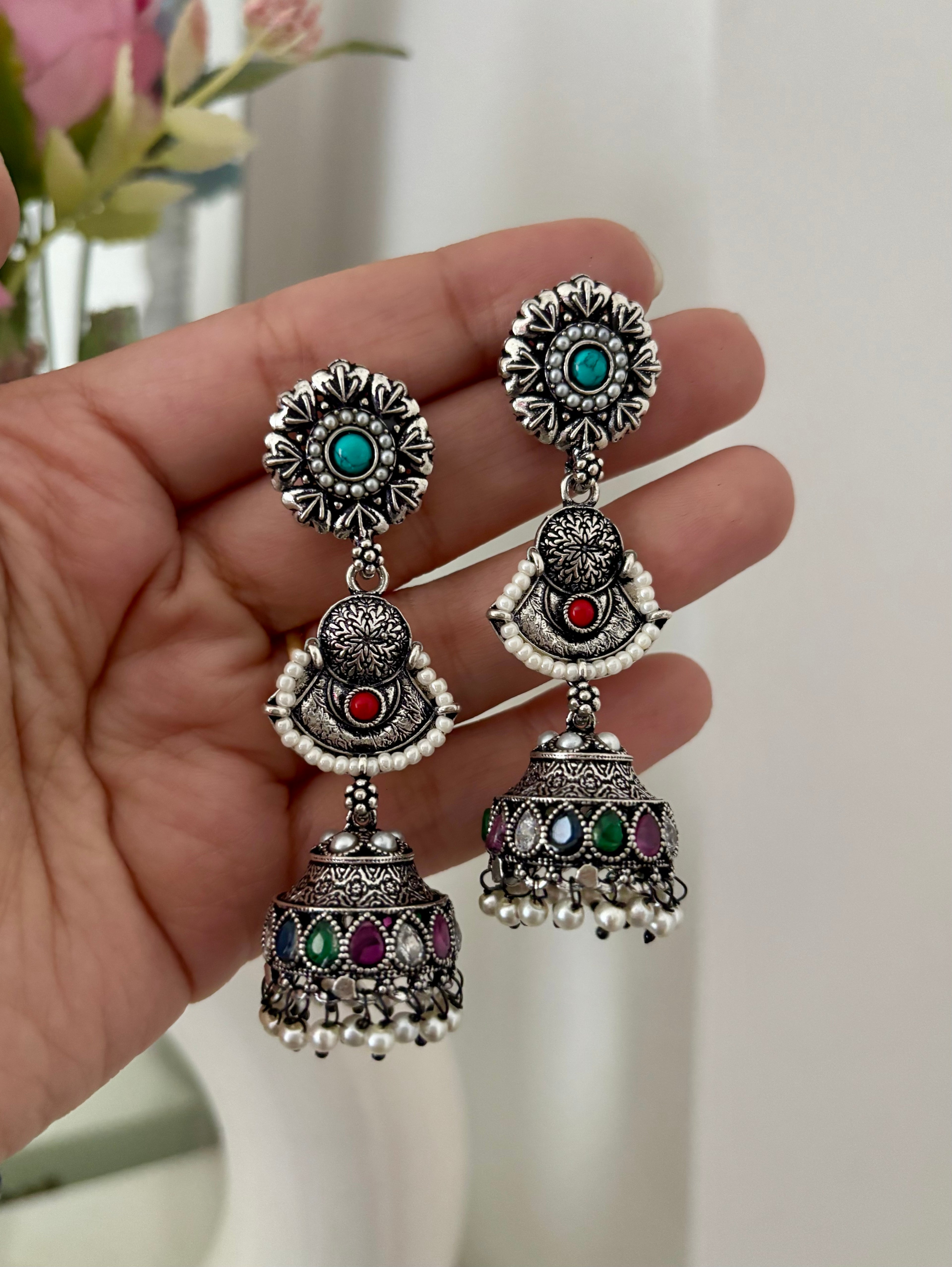 Shikha Silver Multi Jhumkas