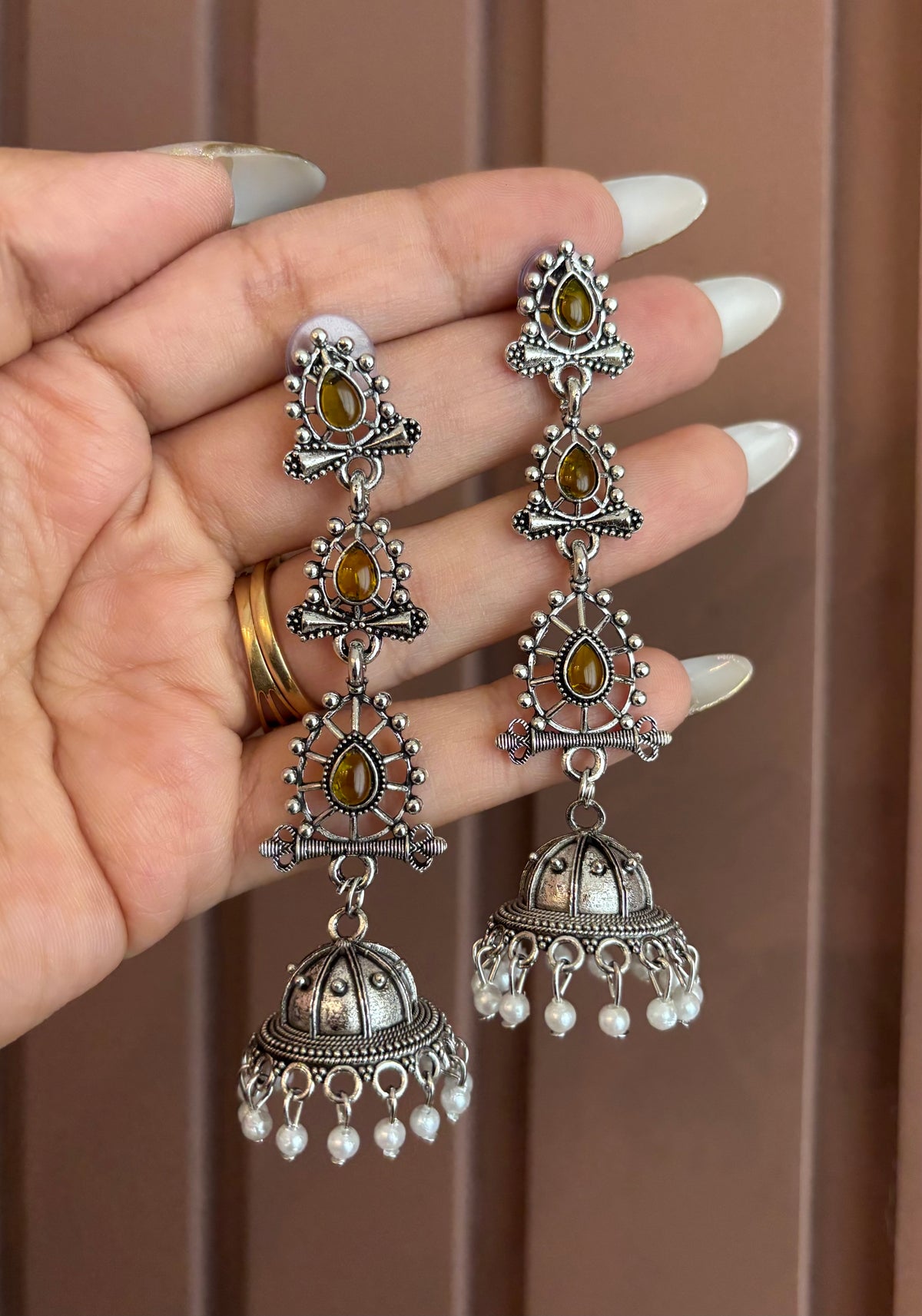 Kajal Silver Jhumkas (Olive)